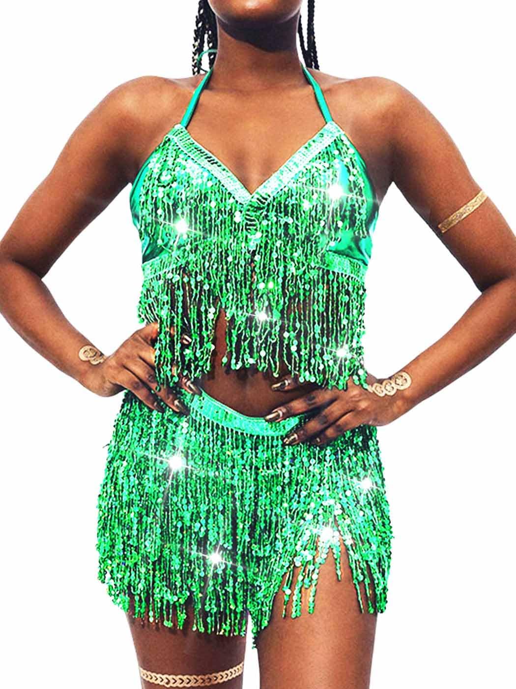 EARENT Belly Dancer Outfit Fringe Sequin Skirts Sets for Women
