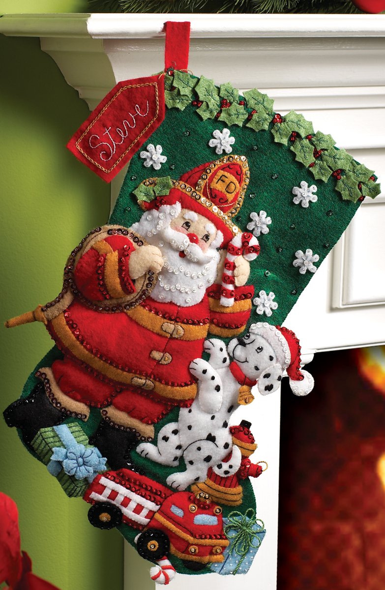 Bucilla 18-Inch Christmas Stocking Felt Applique Kit, 86107 Fireman Santa