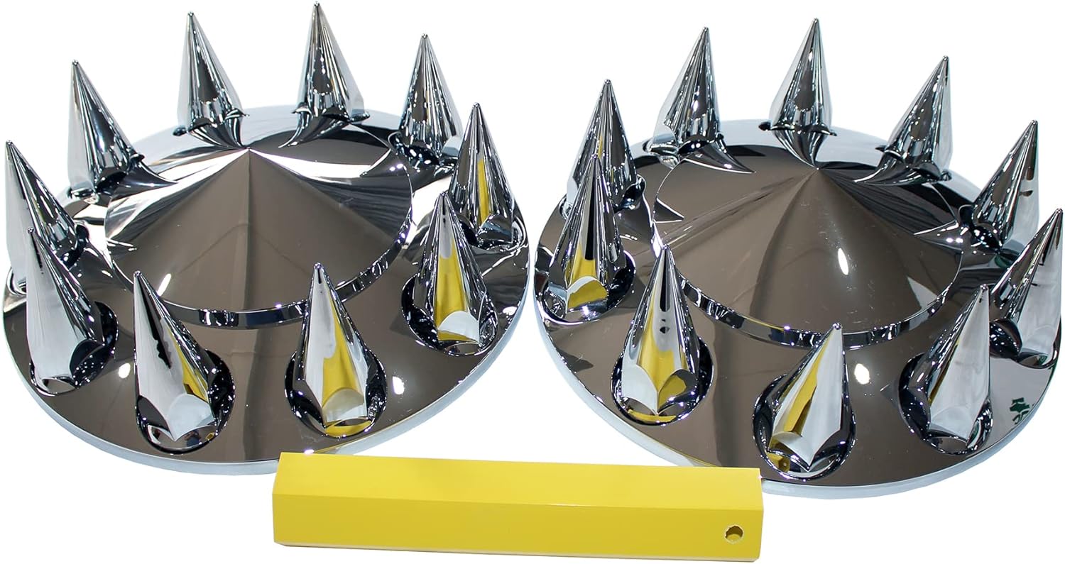 ABS Plastic Chromed Hubcaps Wheel Front Axle Cover Set with 33mm Thread-On Lug Nut Covers for Semi Trucks (Pointed)