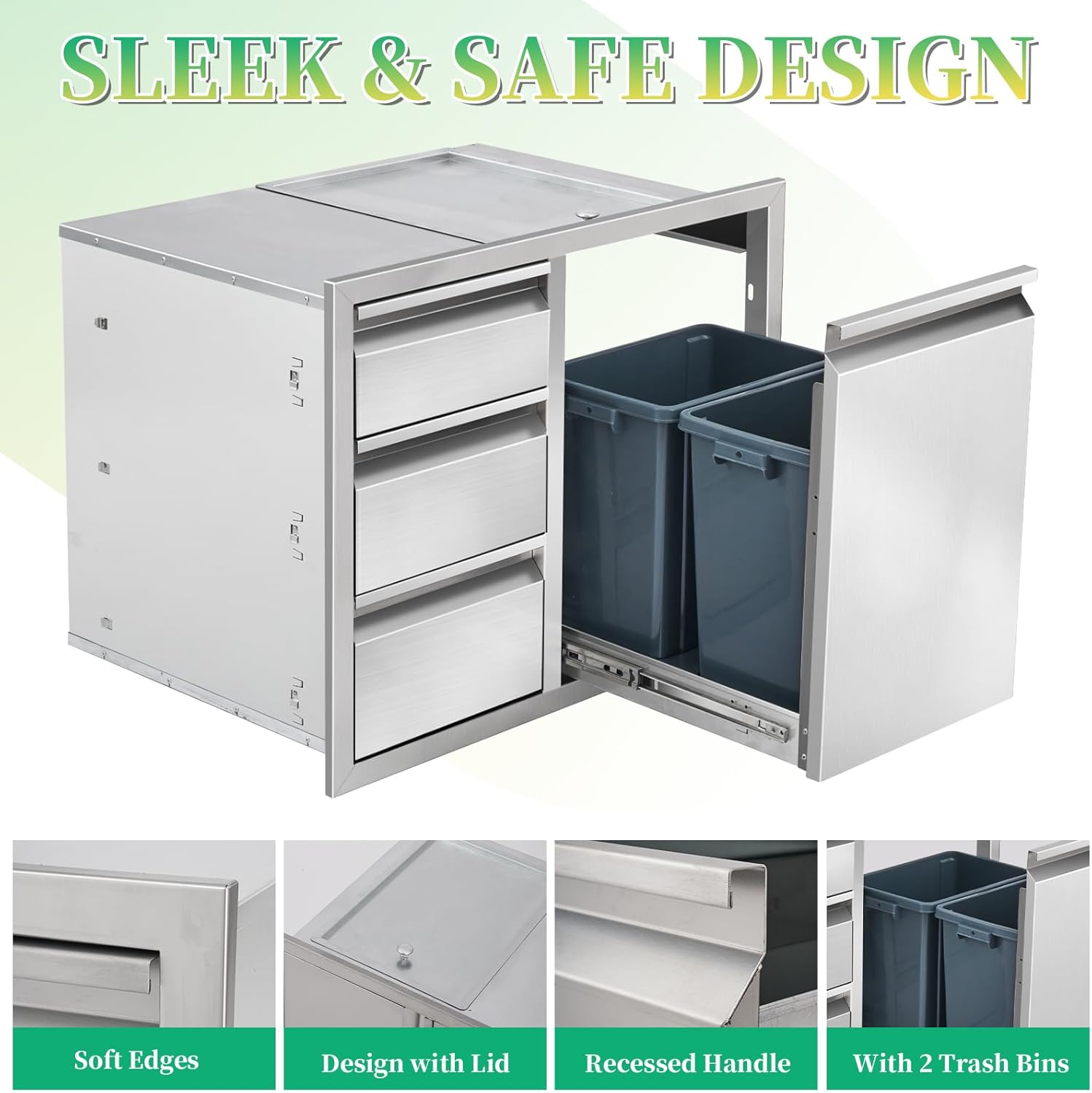 Outdoor Kitchen Drawer Combo Stainless Steel Outdoor Triple Drawers with Trash Bin Compartment & Dual Trash Cans, 28" W x 22" H x 19.5" D Outdoor Kichen Cabinet for Grill Station