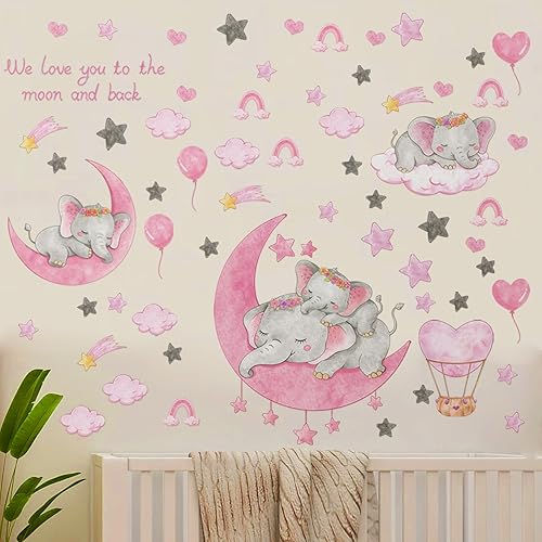 Miniatura 7 de Suplante Dream Big Little One Elefante - Decoración de pared de elefante, estrellas de luna rosa, estrellas y globo aerostático para guardería,