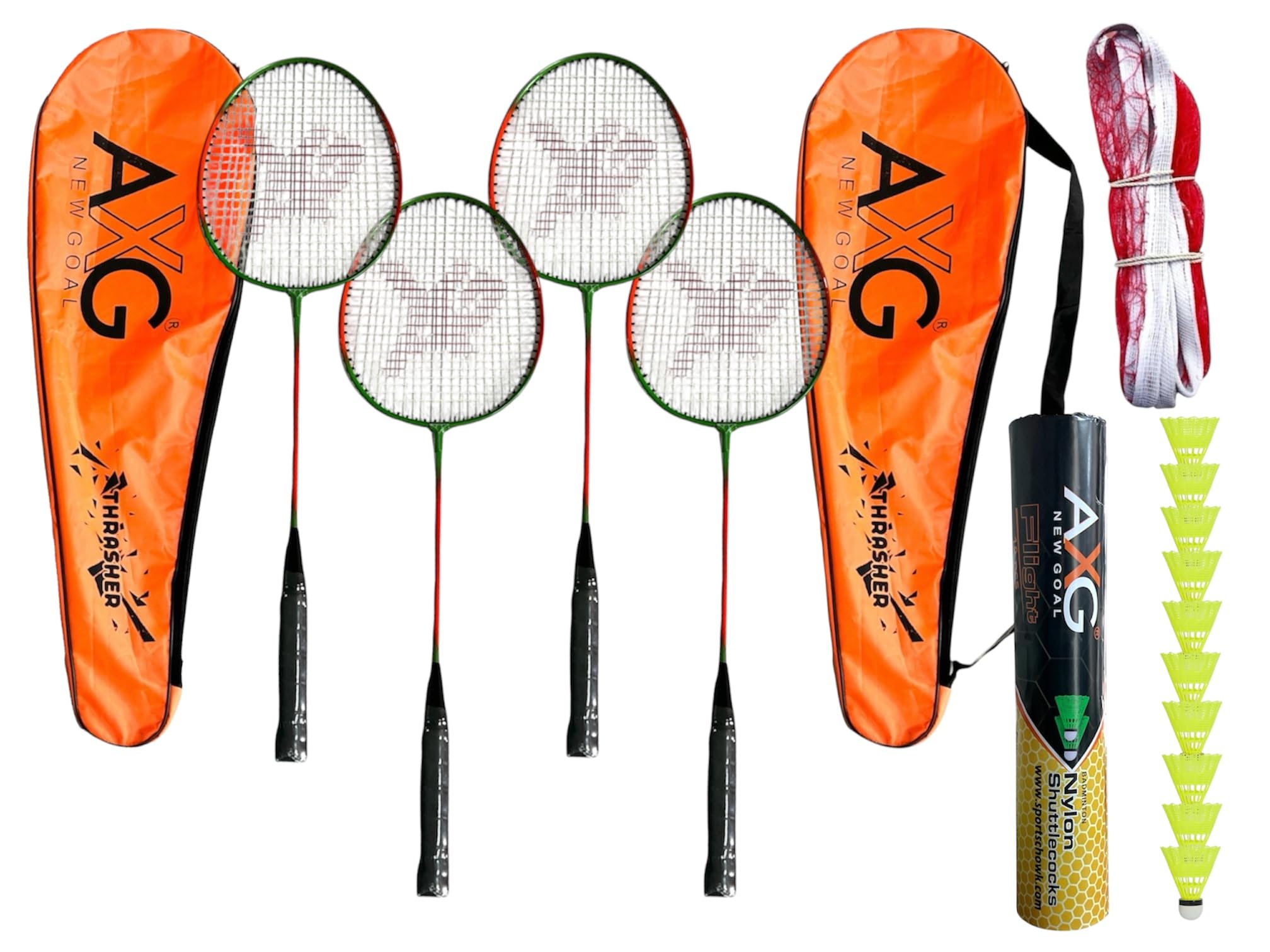 Thrasher Racquets Set of 4 with 10 Plastic Shuttles & Net (Orange Green)-image-27