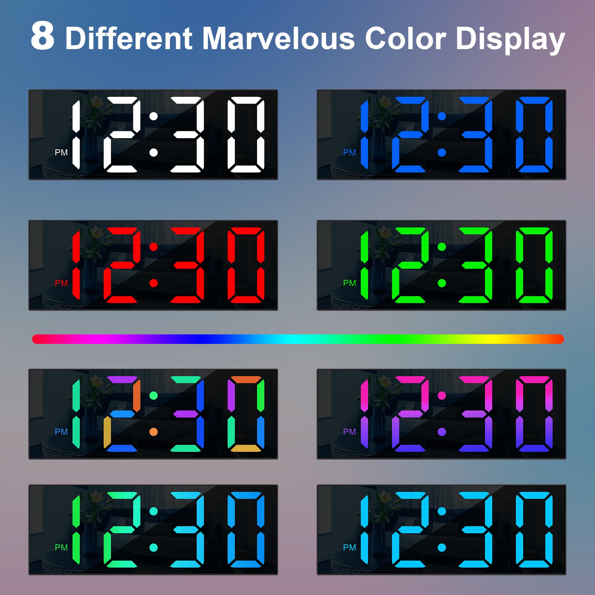 Sukeen Horloge Murale numérique avec veilleuse, Grande Horloge Murale numérique de 30 cm avec télécommande/Grand écran/8 Couleurs/variateur réglable, Horloge Murale Noire pour Chambre, Salon, école