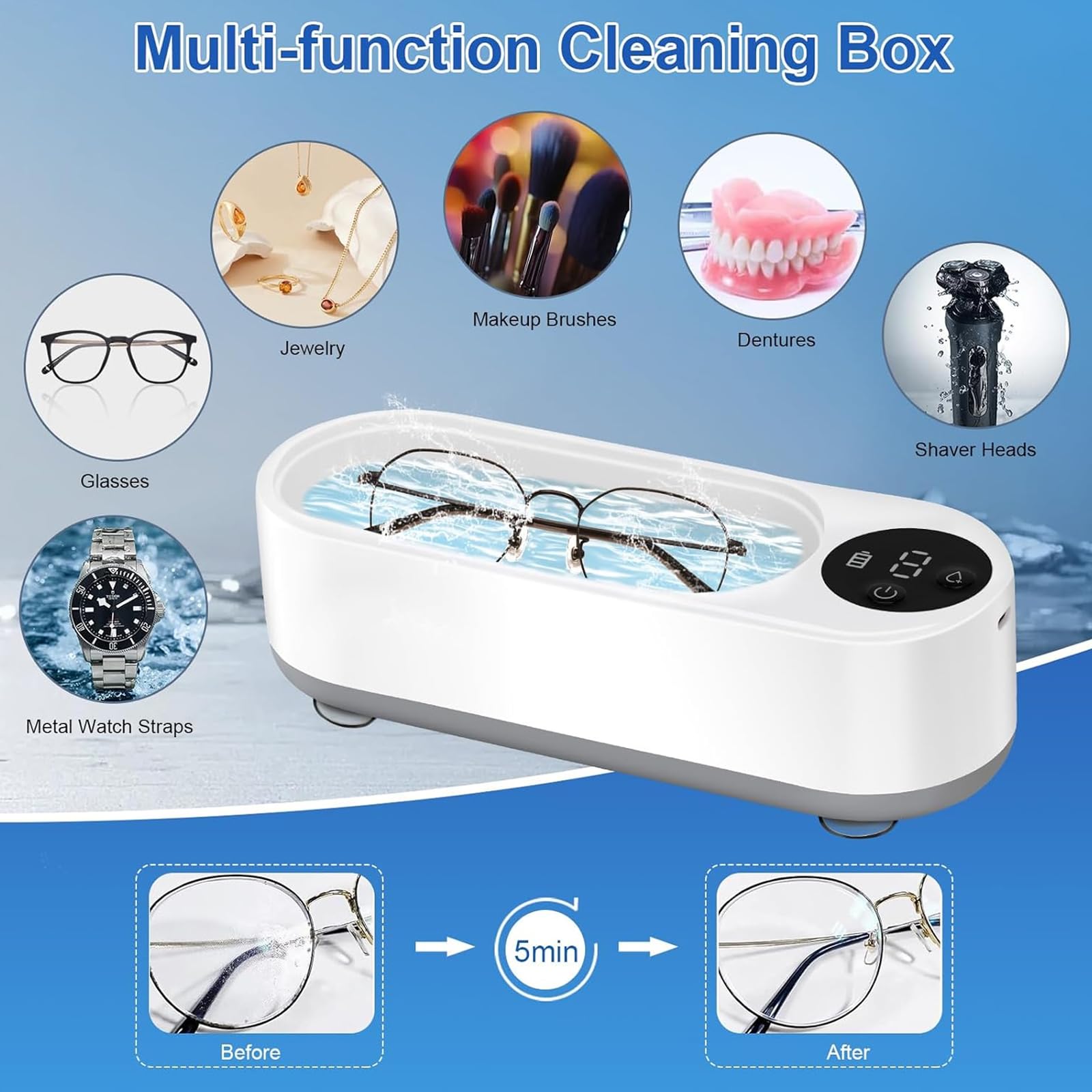Estuches para Gafas, Máquina limpiadora de Joyas 300 ml, Tiempo Uso: 60 Minutos. Ideal for Gafas, Anillos, Pendientes, Collares y Correas Reloj