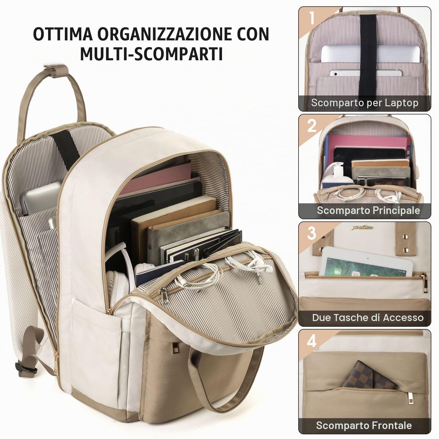 YAMTION Zaino Donna PC 15,6 Pollici,Zaini Ragazza Scuola Superiore e Media con Porta USB e Scomparto per Laptop,Beige