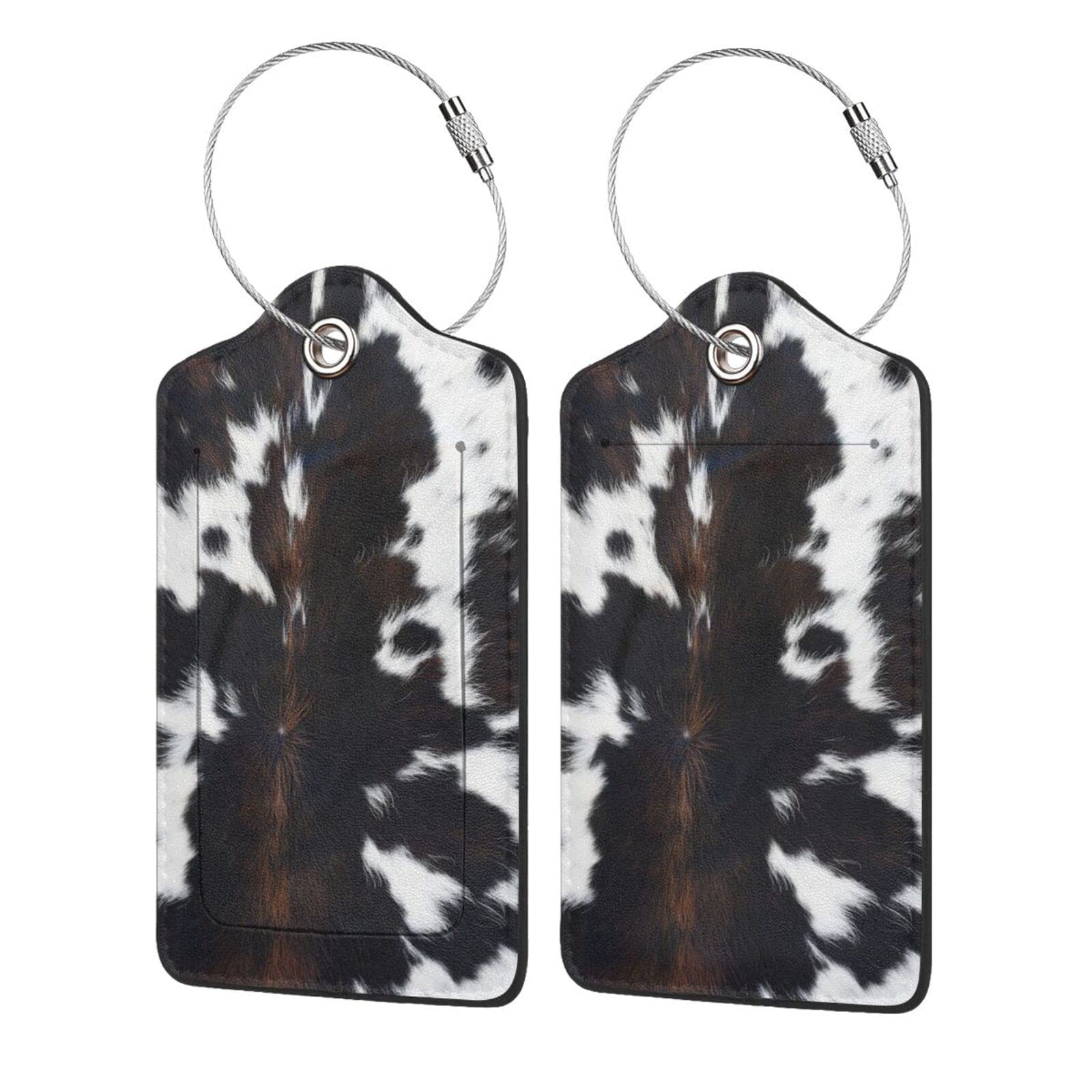 Cow Print Luggage Tags Set of 2 Leather Stainless Steel Loop Label Tag for Travel Bag Suitcase