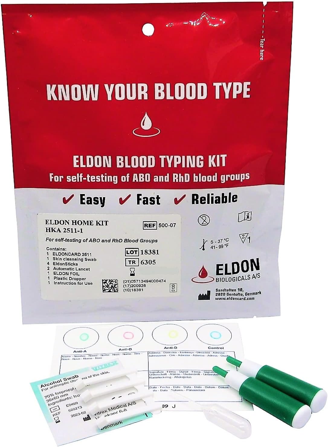 1 x Blood Type Test Kit - Group A, B, RHD Testing - Home EldonCard Tests