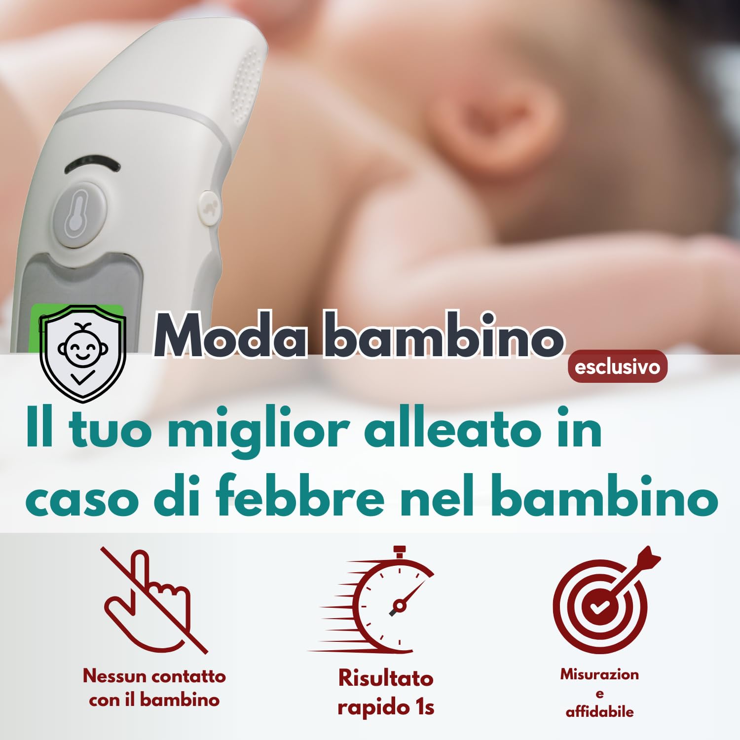 Termometro febbre frontale e auricolare ABBICARE™ con custodia | Modalità speciale bebé precisa e rapida in 1 secondo senza contatto | Termometri medici professionali infrarossi adulti