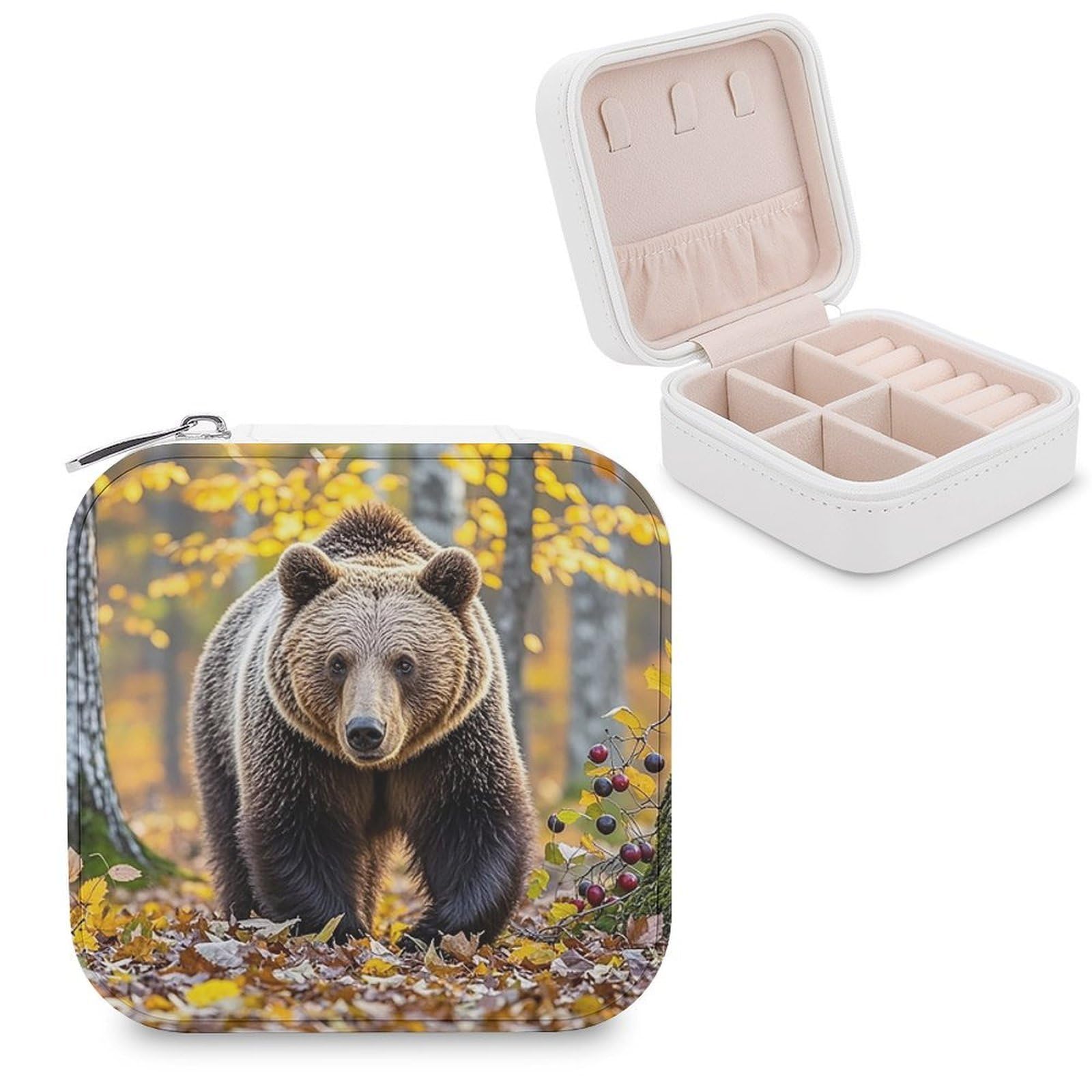 LZQPOEAS Brown Bear in Autumn Jewelry Box Mini Jewelry Travel Case Trendy Stuff Ring Box Custom PU Leather Jewelry Boxes Portable Jewelry Case Earring Storage Organizer for Girls Women