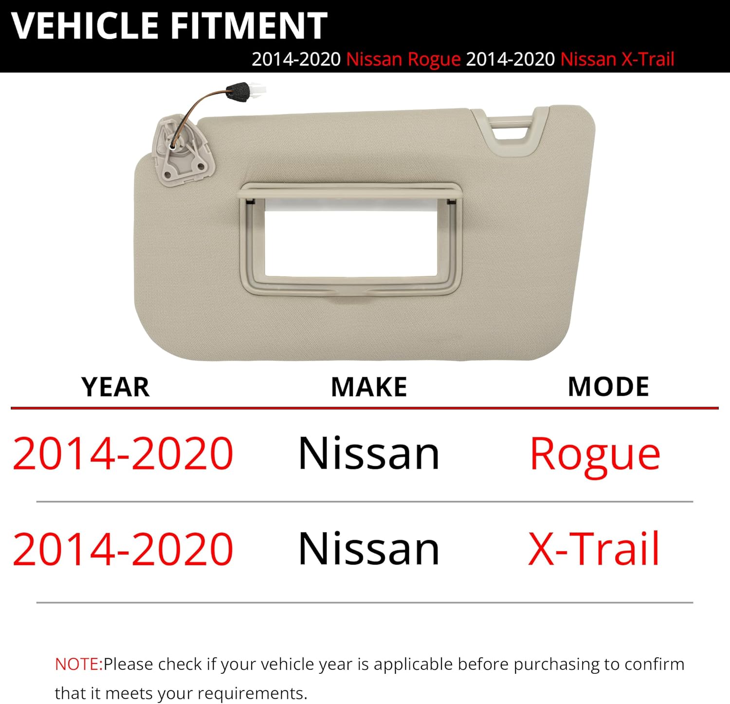 Sun Visor Fits for Nissan Rogue X-Trail 2014-2020 Left Driver Side with Light Replaces 96401-4BA3E 96401-4BA1D Beige