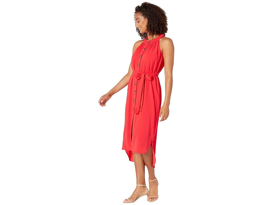 

eci Jewel Neck Georgette Midi Dress with Button Front Detail (Coral) Women's Clothing