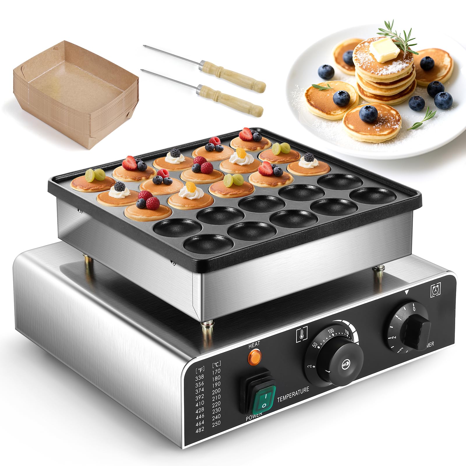 CGOLDENWALL 25 Holes Dutch Pancake Maker Commercial, with Non-Stick Coating, 0-5 Min Timer & 50-300℃ Temprature Adjustable, Electric Mini Pancake Baker for Pancakes, Muffins, Dorayaki, Poffertjes