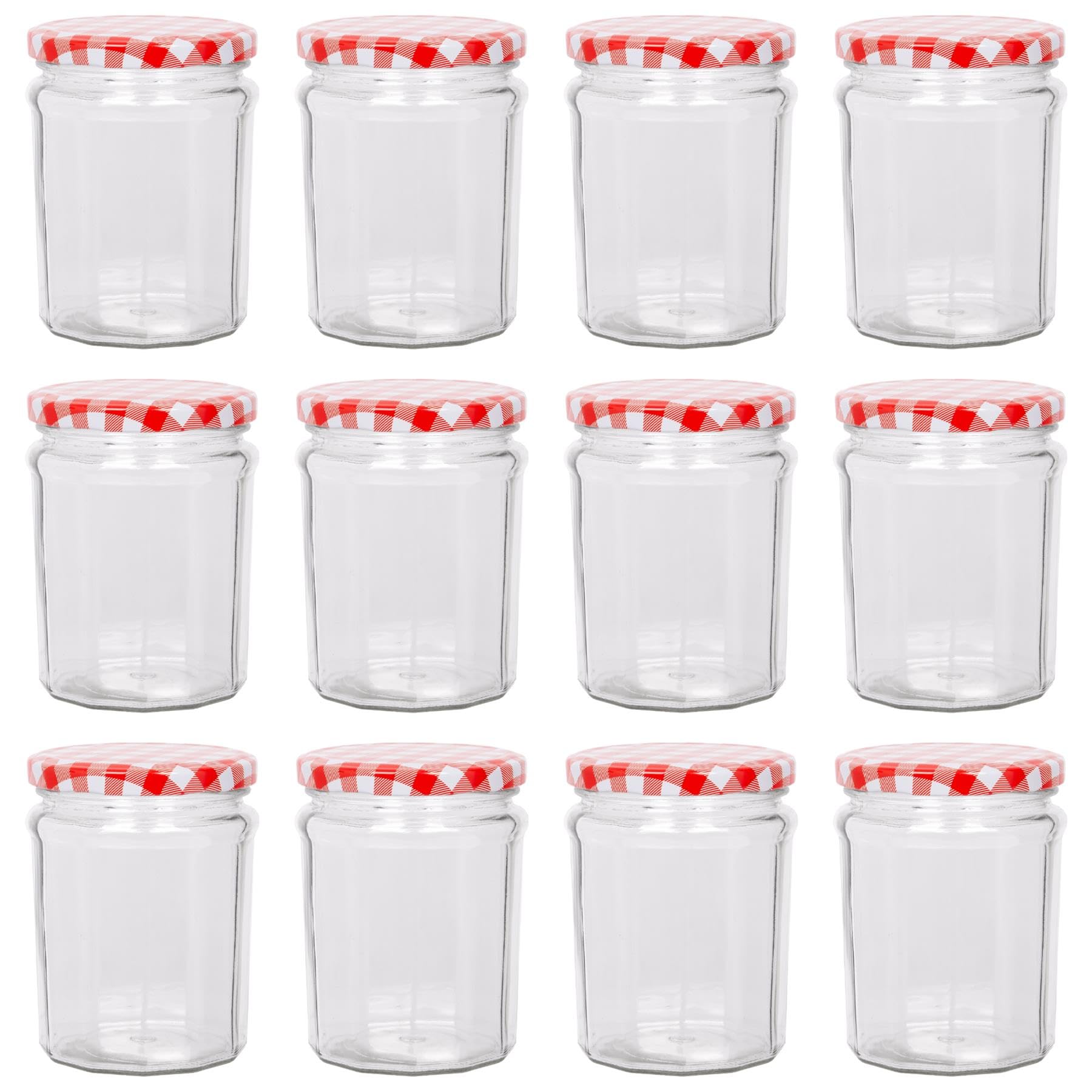 Argon Tableware Glass Jam Jars with Airtight Red Gingham Lids - 380ml - Pack of 12 - Empty Screw Top Kitchen Storage Jar for Food, Honey, Spice, Pickling, Preserving, Candle Making