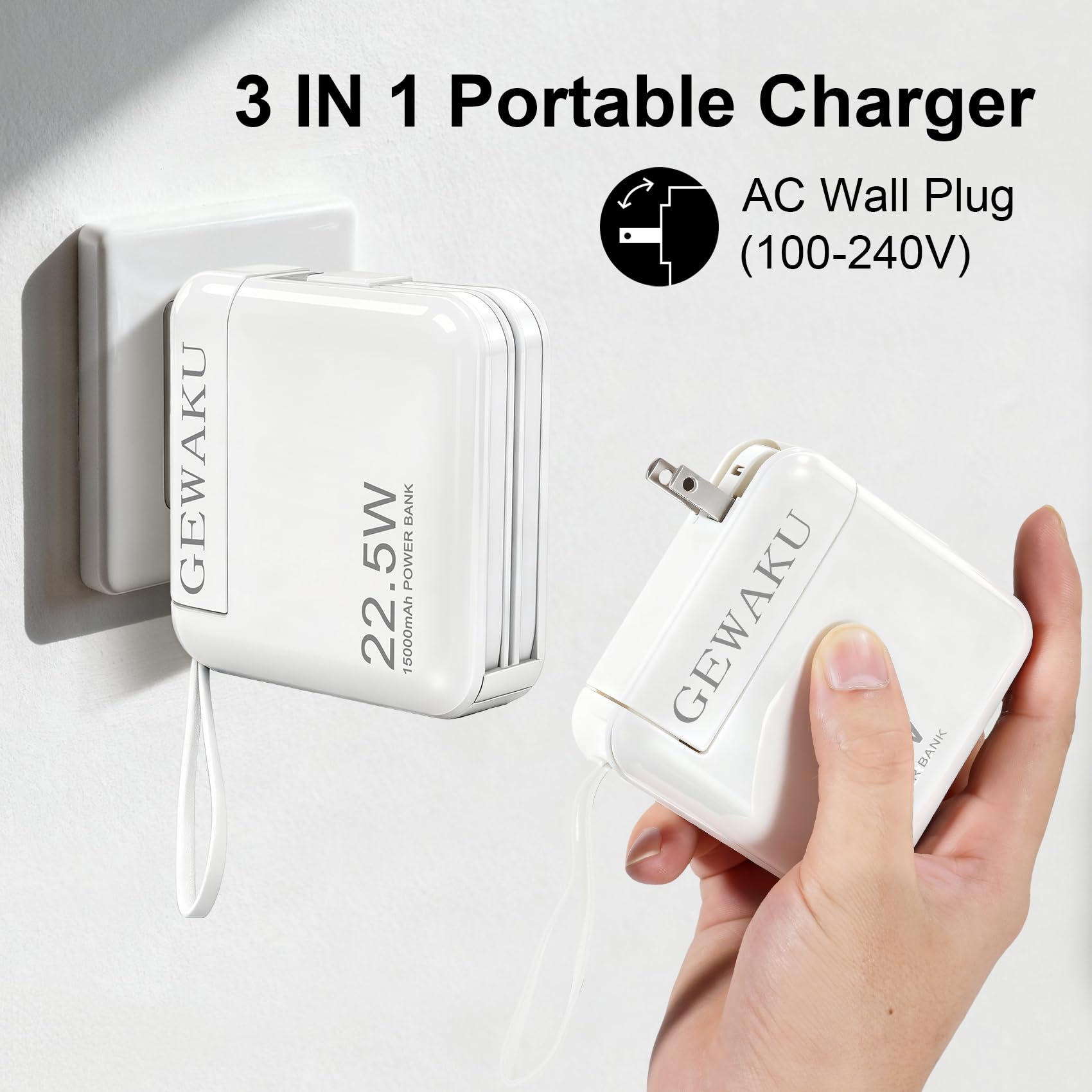 Caricabatterie portatile Power Bank per iPhone 16, 22,5 W, ricarica rapida, cavo integrato e spina a muro AC, 3 in 1 compatto 15000 mAh, batteria USB-C essenziale da viaggio per iPad, Android