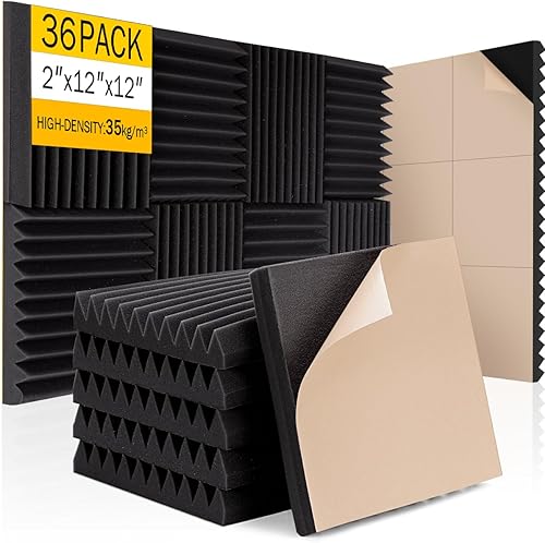 Paquete de 36 paneles de espuma a prueba de sonido para pared de 12 x 12 x 2 pulgadas, paneles de espuma acústica autoadhesivos, tratamiento de