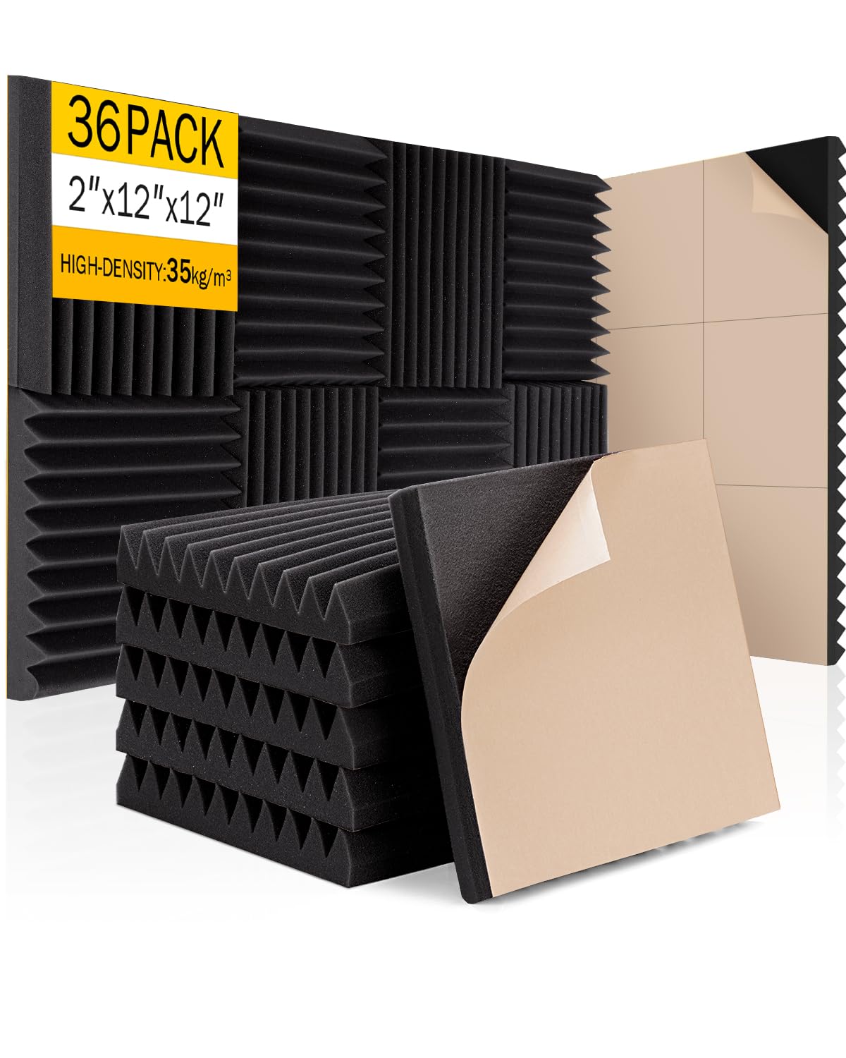 Janeyema 36 Pack Sound Proof Foam Panels for Wall 12X12X2 Inches Self Adhesive Acoustic Foam Panels Sound Absorbing Treatment Foam Noise & Echo Reduction for Home Studios Gaming Black