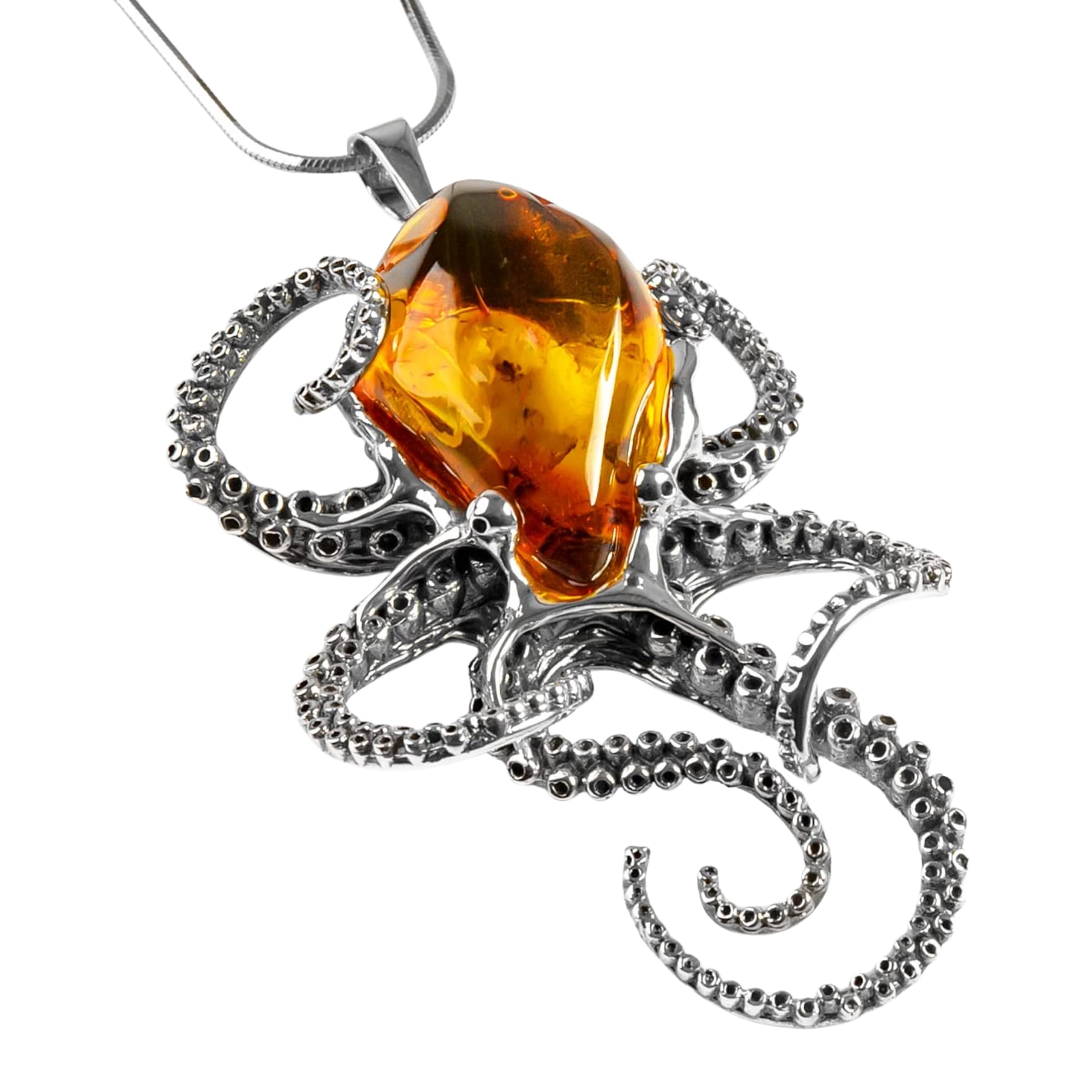 HENRYKA Genuine Baltic Amber and 925 Sterling Silver Octopus Necklace, Handmade Jewellery, Hand-crafter Necklace, Ocean Sea Lover Gift