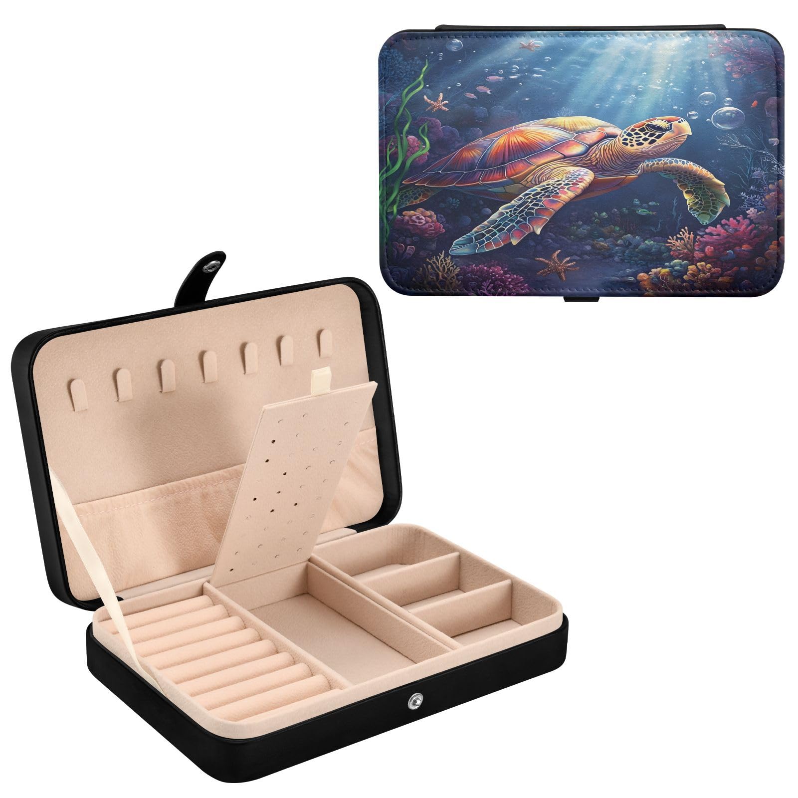 Haskirky Sea Turtle Jewelry Box Portable PU Leather Travel Jewelry Organize for Women Jewelry Storage Display Holder for Ring, Necklace, Earring