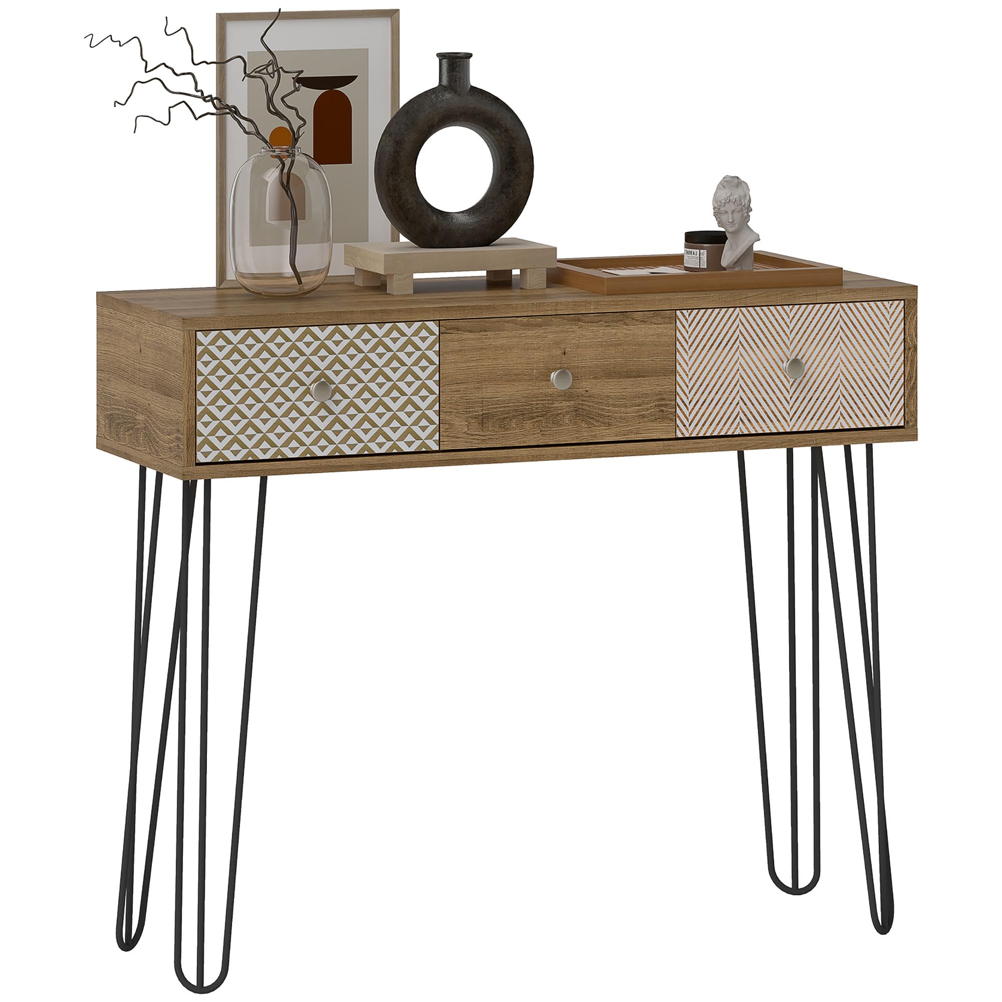 HOMCOM Mesa de Consola, Mesa de Sofá con 3 Cajones Estrecha, Natural