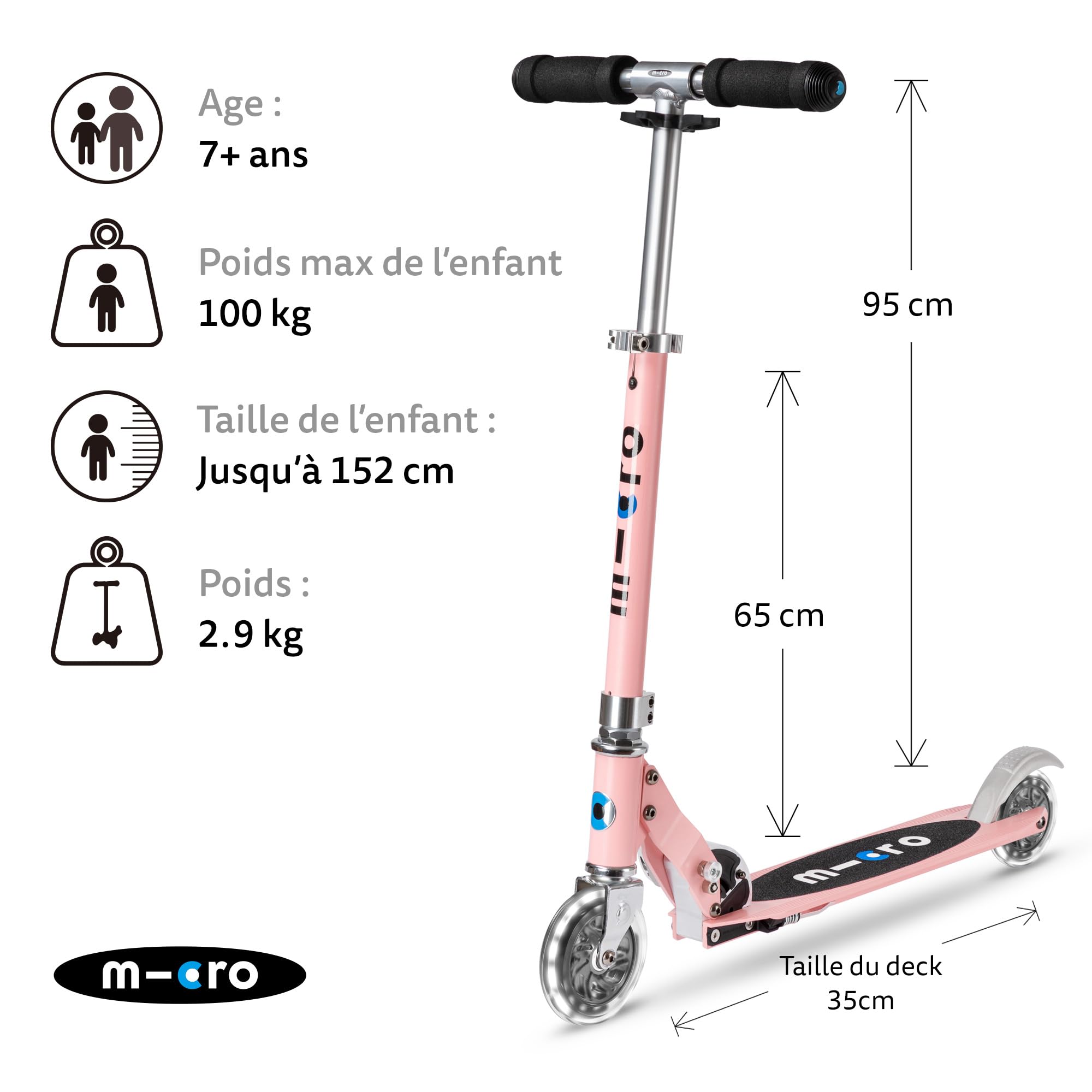 Micro Trottinette Micro Sprite LED avec 2 Roues pour Enfants - Trottinette et poignées Pliables - Roues avec éclairage LED - Légère et réglable en Hauteur - 5 Ans et Plus