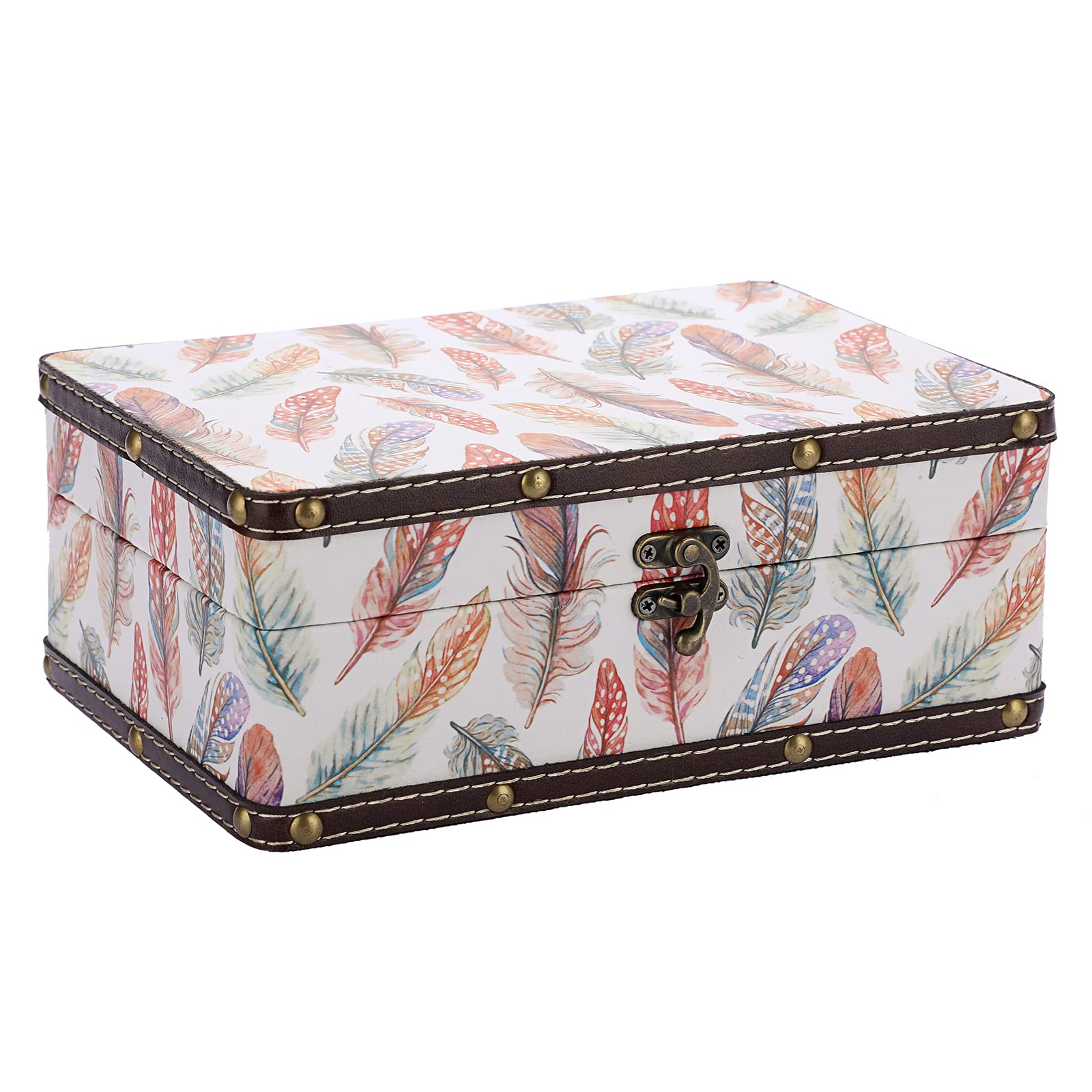 Wooden PU Leather Treasure Box - Rectangle Jewelry Trinket Box for Keepsakes & Collection, Gift & Home Decoration, 23x16x9cm (Colorful Feather)