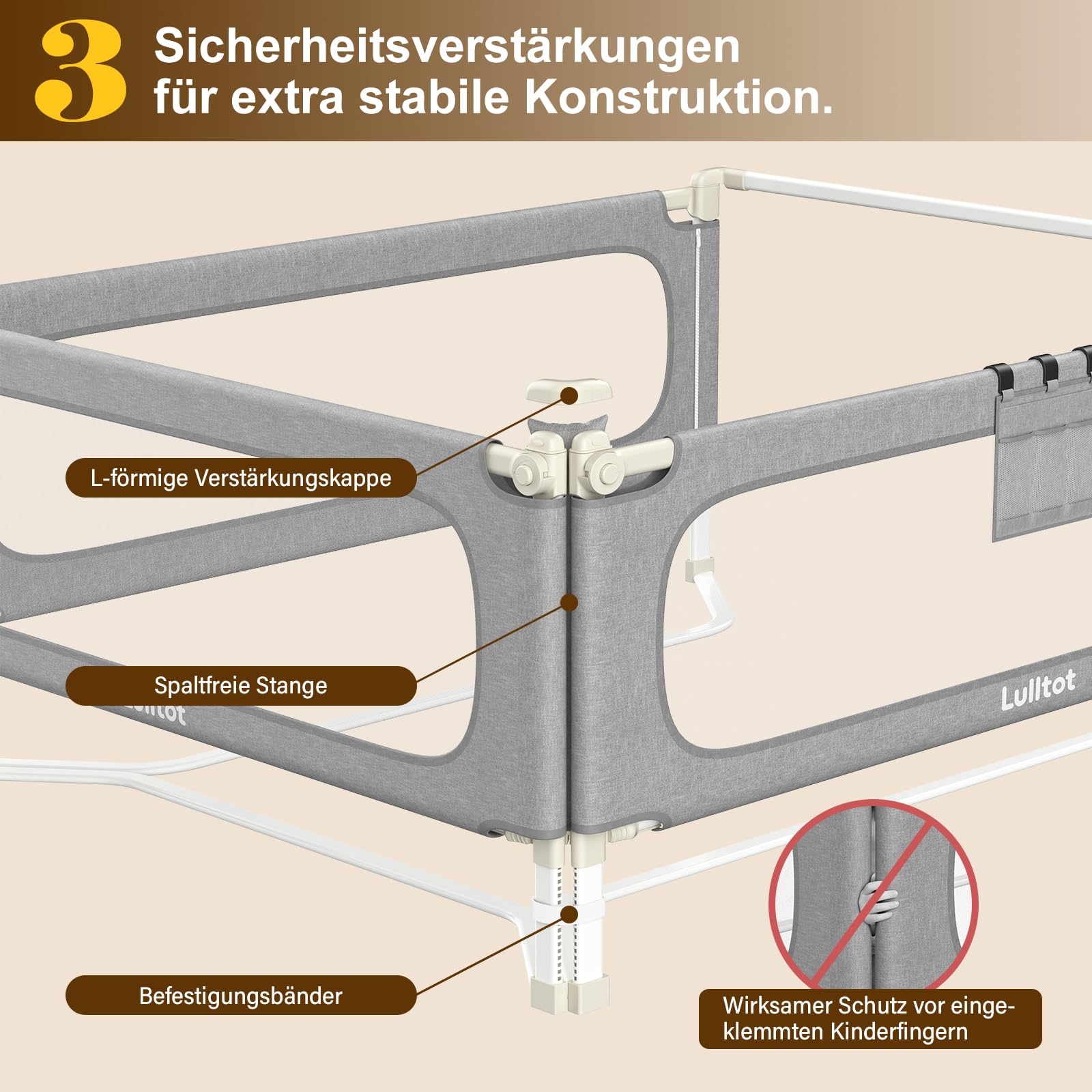 Bettgitter Rausfallschutz 3-seitig 180x200cm mit Spaltfüllstäbe | U-förmige Stabilstangen, Höhenverstellbar 66–96cm, Einklemmschutz, Werkzeuglose Montage, Mit Bettkopfstab für Boxspringbetten