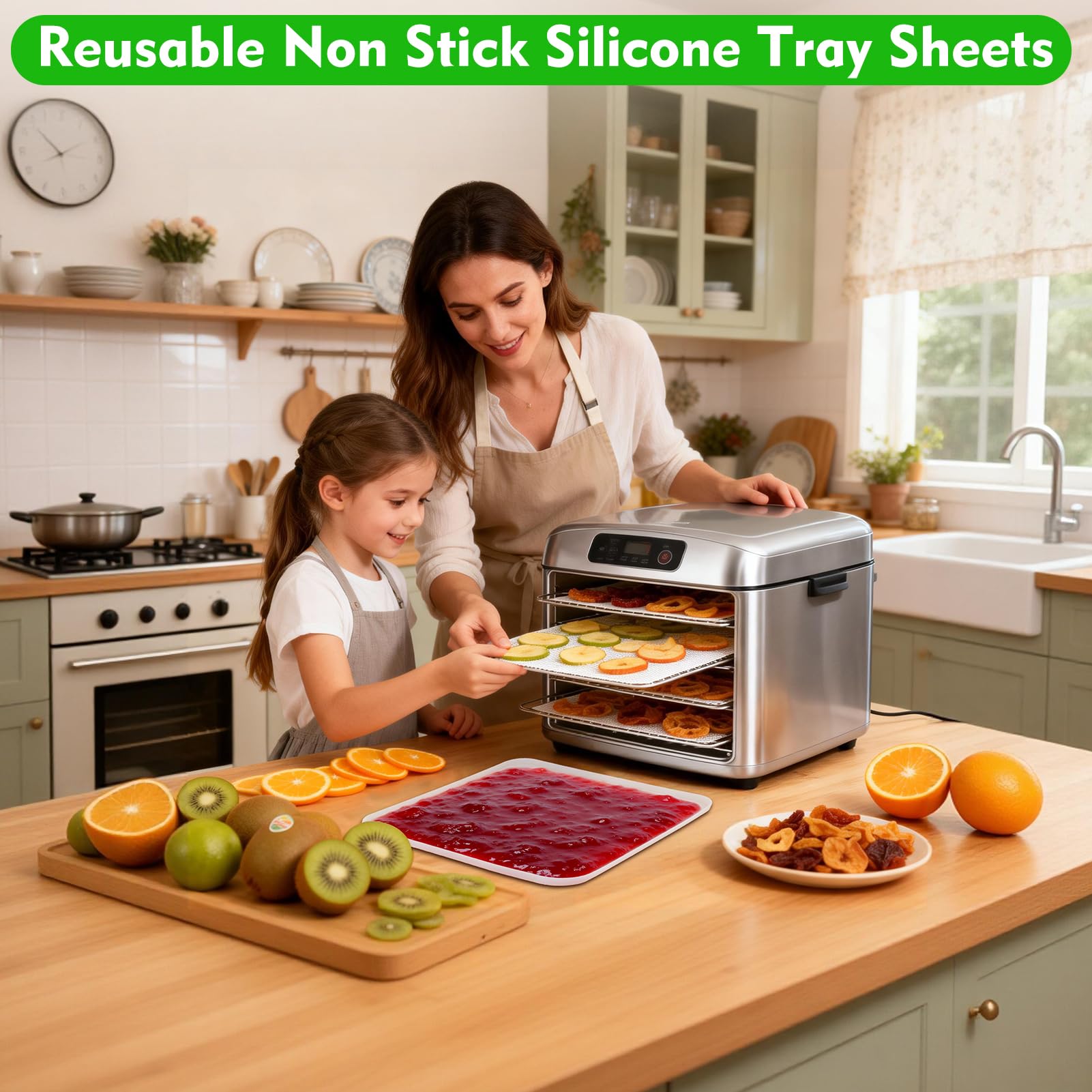 4 tappetini per disidratazione in silicone e 4 lamiere di disidratazione a rete, 28 x 28 cm, fogli in silicone riutilizzabili e antiaderenti, rivestimento in lamiera antiaderente con bordo per liquidi