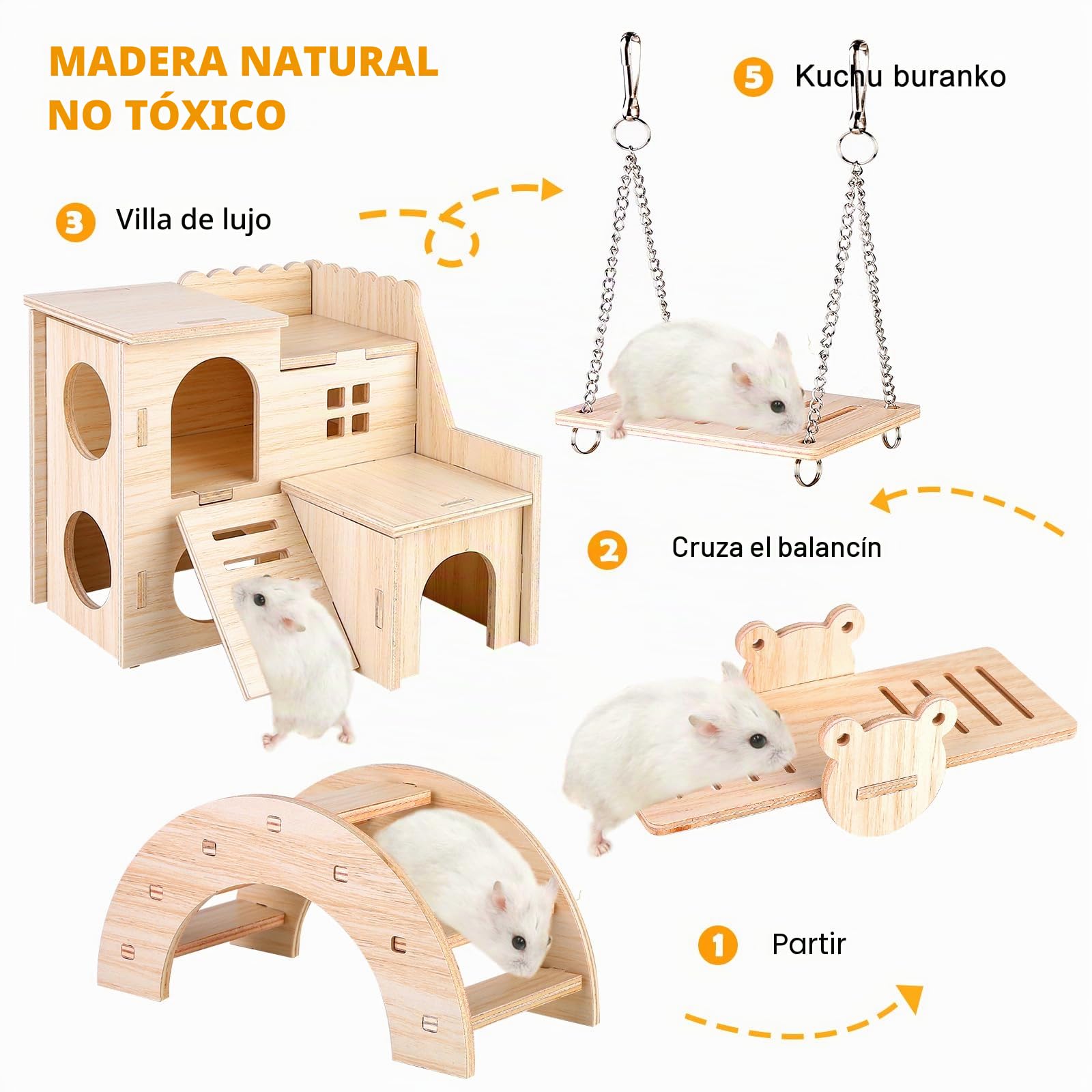 Juguetes de madera para hámster, 8 piezas DIY, juguete para masticar, escondite, casa, puente, columpio, entrenamiento, accesorios para jaula