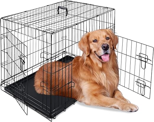 Dog Crate Dog Cage M L XL,Foldable Metal Puppy Dog Crates with 2 Doors with Chew Resistant Plastic Base Tray and Carrier Handle