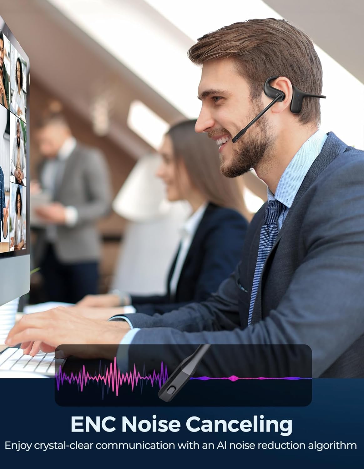 Open Ear Headphones with Mic, Wireless Headset with Noise Canceling Mic & Charging Dock, Wireless 5.4 Headset with Mic, Lightweight Air Conduction Headphones for Work, Workout, Driving, Call - Image 2