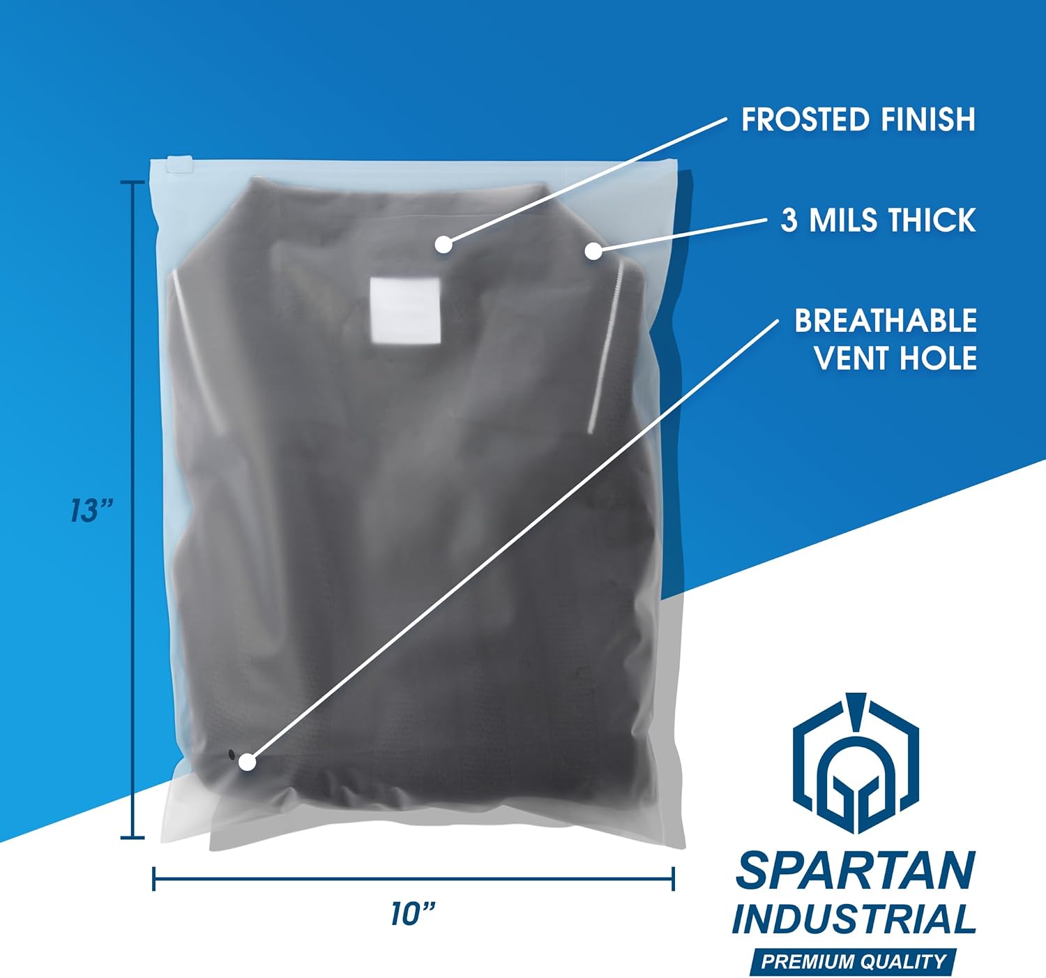 spartan industrial - 10” x 13” (100 count) 3 mil frosted reclosable zip plastic bags with resealable lock seal zipper and vent hole | for packaging clothes, shirts & more 10" x 13" 100.0