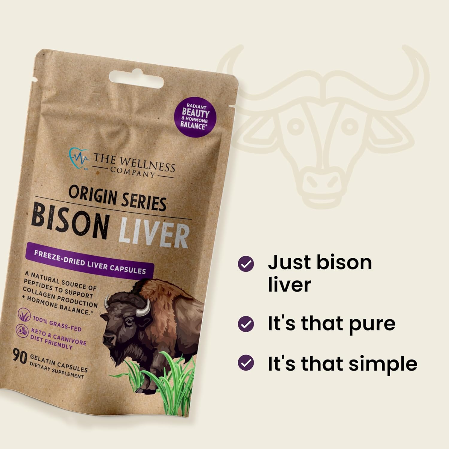 Bison Liver – Natural Beauty, Hormone Balance, Vitality - Grass-Fed & Finished Organ Capsules for Collagen & Skin Health | 90ct (1 Month Supply)