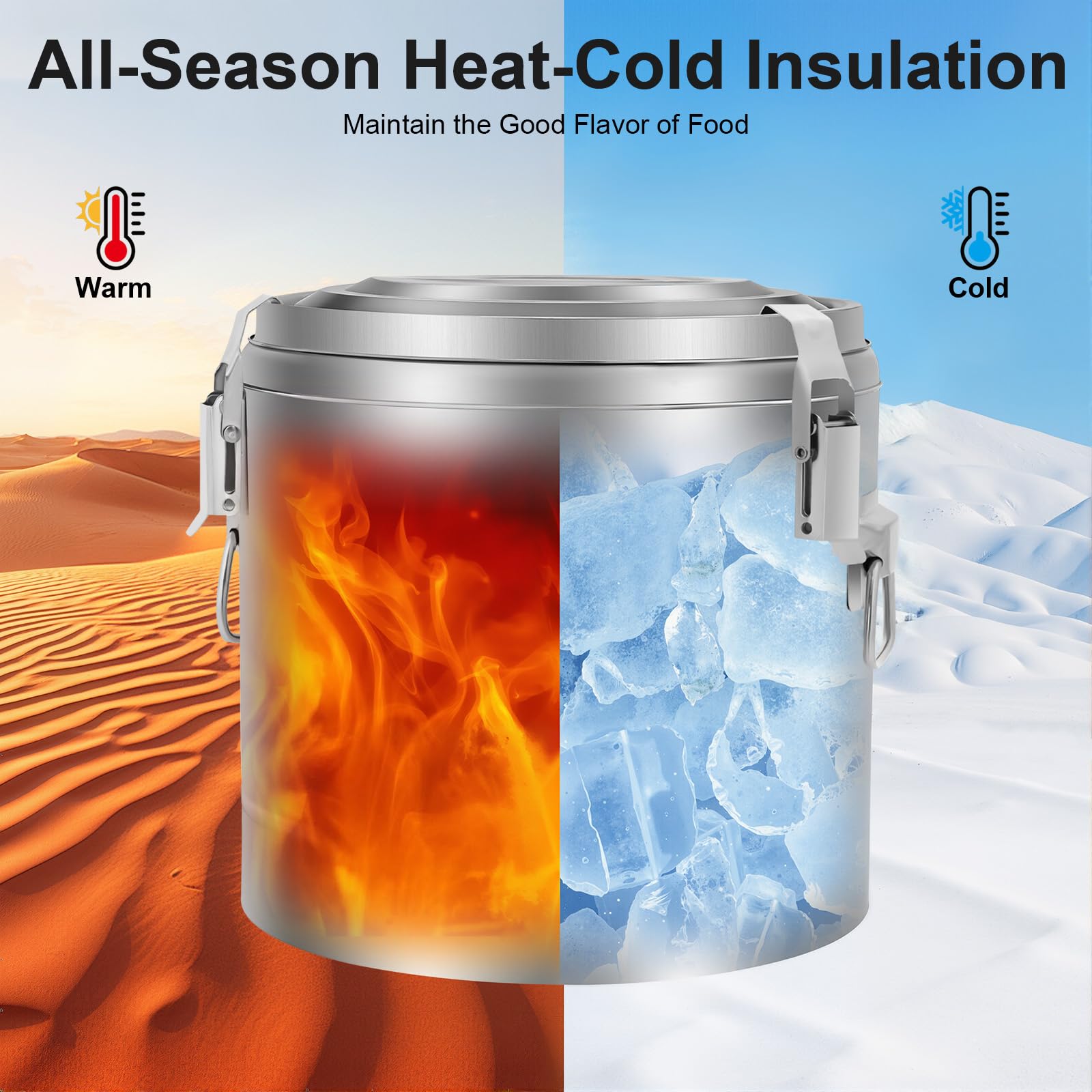 Récipient Isotherme en Acier Inoxydable, 10 L, 12 Heures, Fonction de Maintien au Froid et au Chaud, Seau Isolé, Récipient de Transport Thermique avec Couvercle et Poignées pour Cantines
