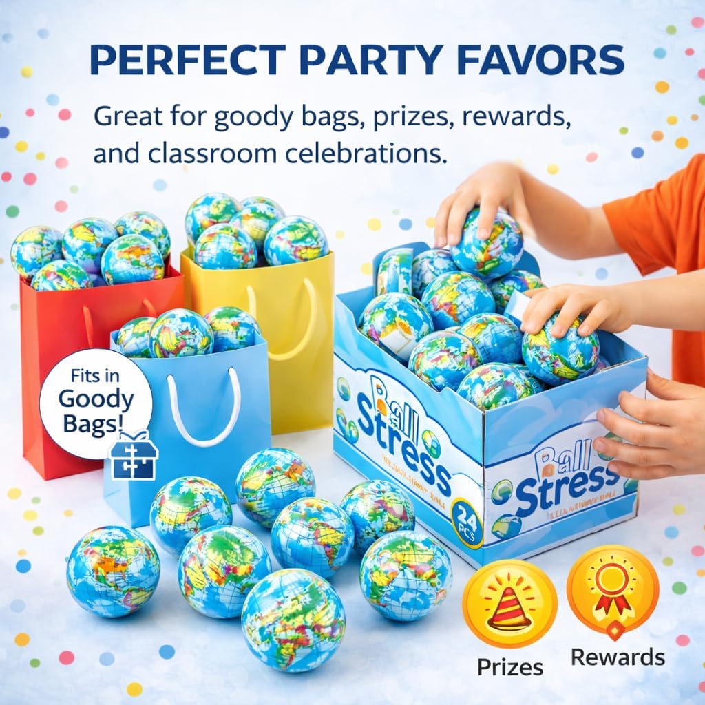 24 Pack - Globe Mini Soft Foam Earth Squeeze Balls, 2.5" Squeezable World Toy Stress Relief Bulk Educational Novelties for Kids, School, Classroom, Party Favors, Rewards