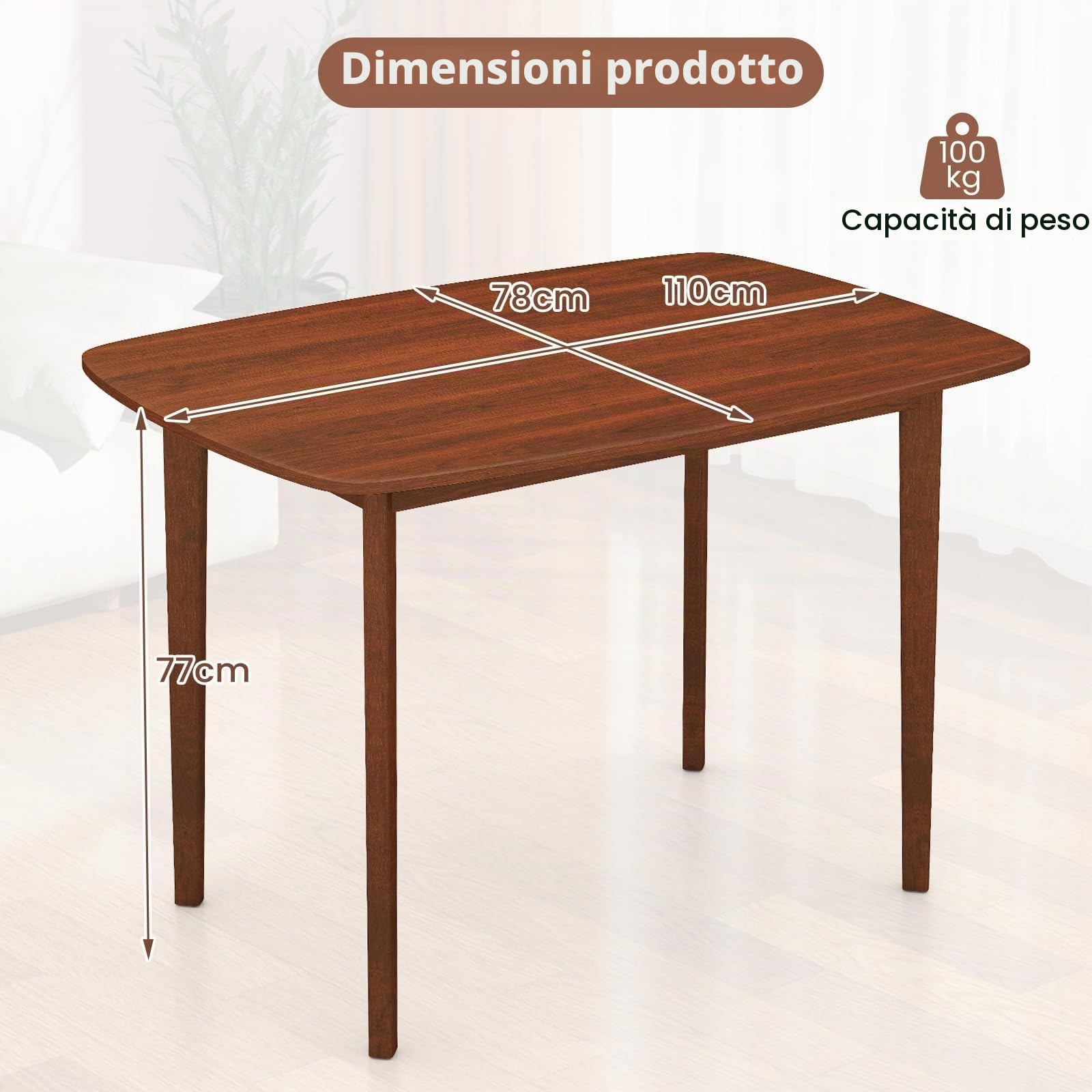 LIFEZEAL Tavolo Sala da Pranzo, Tavolo da Cucina, 110x78 cm, per 4-6 Posti, Vintage, Salvaspazio, Rettangolare, con Gambe in Legno Massello, Ampio Piano, per Soggiorno, Ristorante, Max 90kg, Marrone