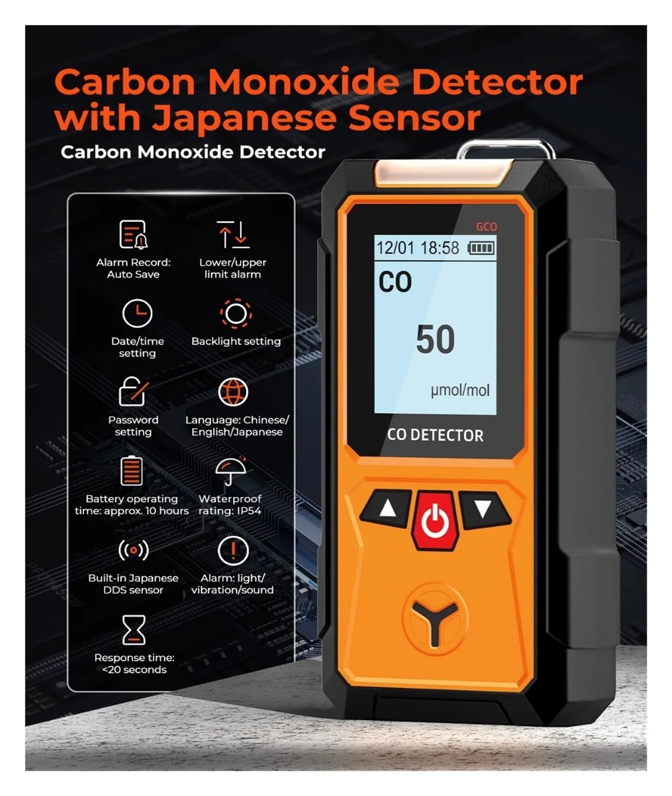 monitor di co2, Rilevatore di monossido carbonio, rilevatore CO ad alta precisione 0-2000 ppm, sensore elettrochimico, allarmi acustici e visivi display LCD per casa, ufficio, auto