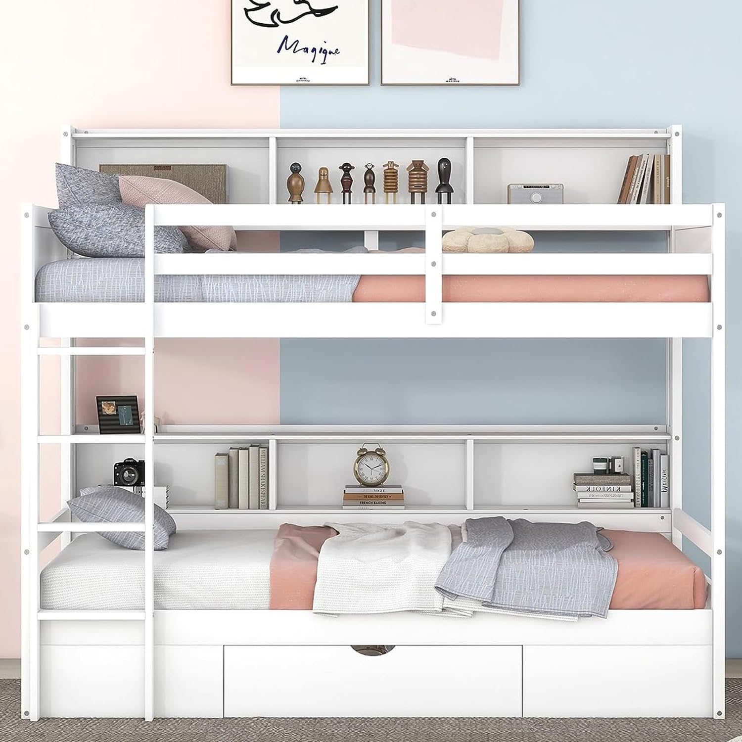 Harper & Bright Designs Bunk Bed Twin Over Twin with Storage Bookcase and Drawers for Saving Spcae, Solid Wood Bunk Beds Frame, Wood Slats and No Box