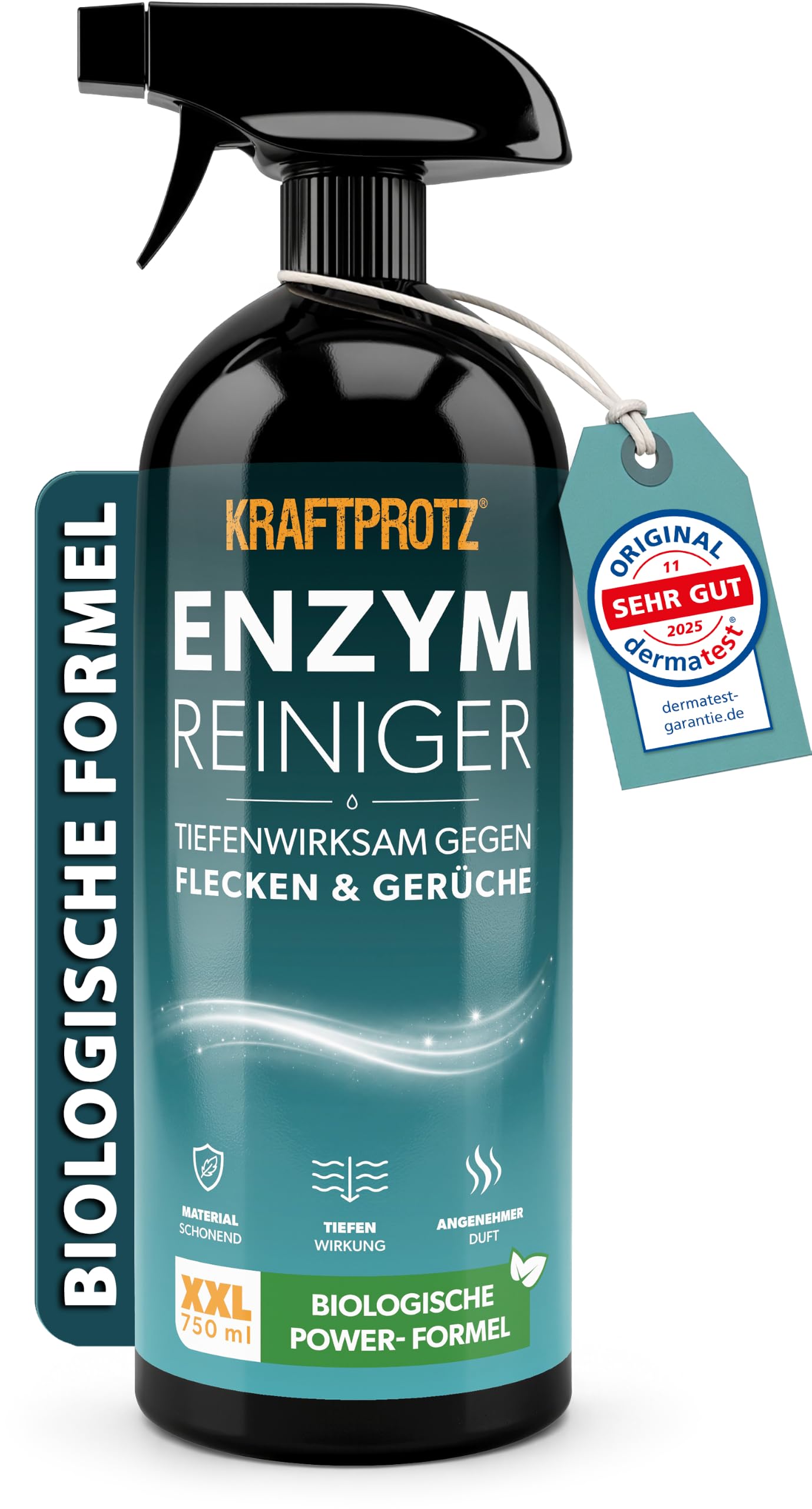 Enzymreiniger Spray 750 ml - Geruchsentferner &amp; Fleckenentferner biologisch | gegen Gerüche &amp; Flecken, porentief, tiefenwriksam, gegen Urin, Schweiß, Schmutz &amp; Tiergerüche, Sofa, Teppich, Matratze, Auto