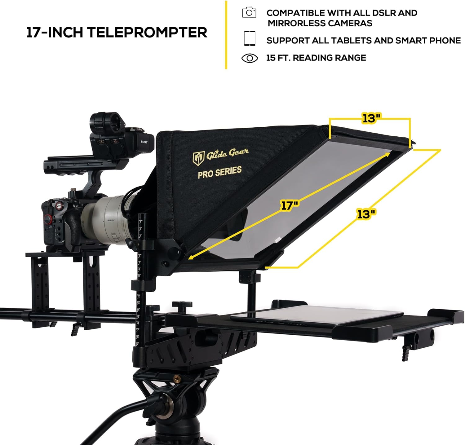 Glide Gear TMP 1000 Teleprompter – All Camera & Smartphones, Tablets – 17" Glass, Tray, Hard Case, No Assembly