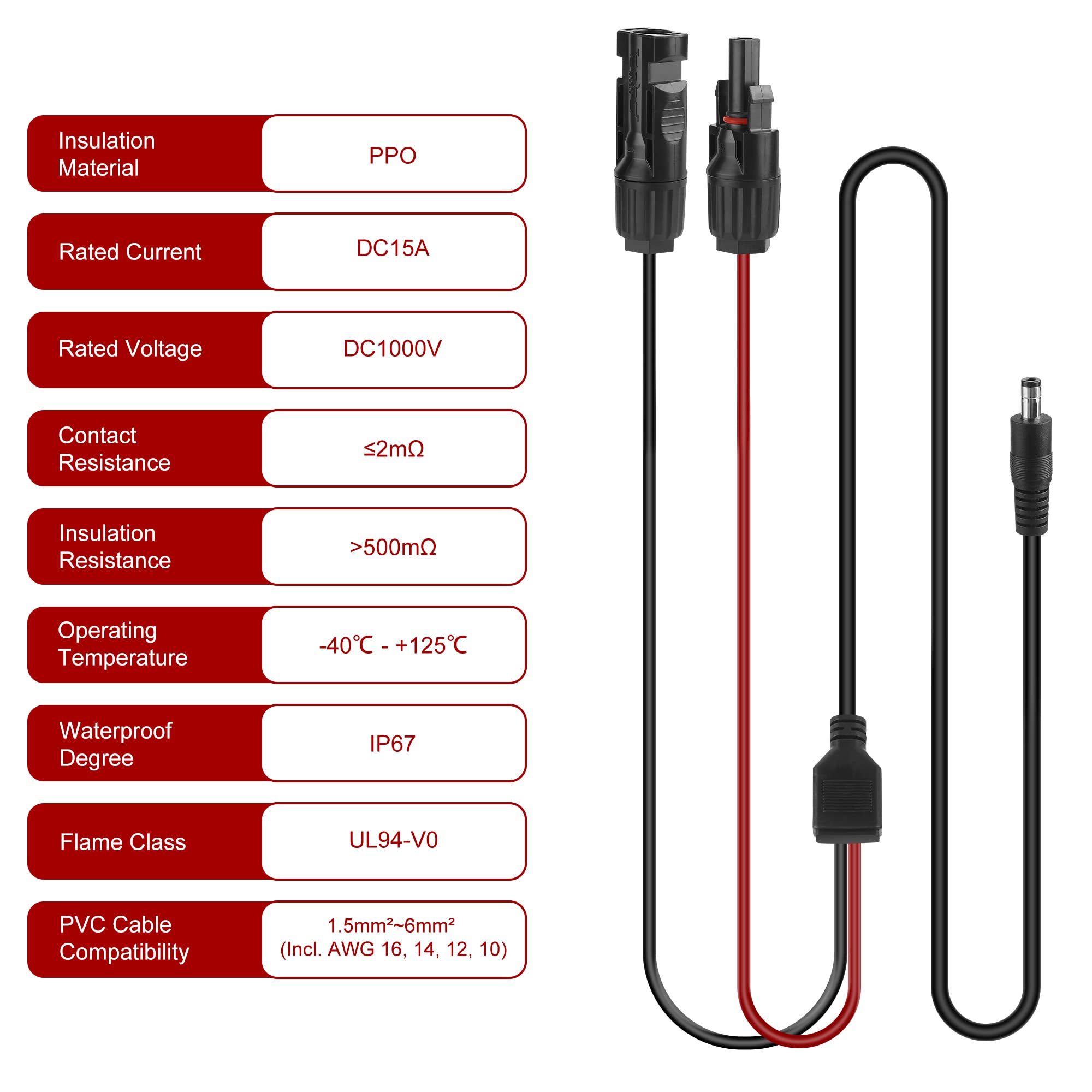 10ft Verlengkabel Vrouwelijke naar Mannelijke Adapter Kabel 8mm DC Stekker voor Jackery Solar 60W/100W Generator, Draagbare Krachtcentrale E500, 160 E160, 240 E240 Zonnepaneel