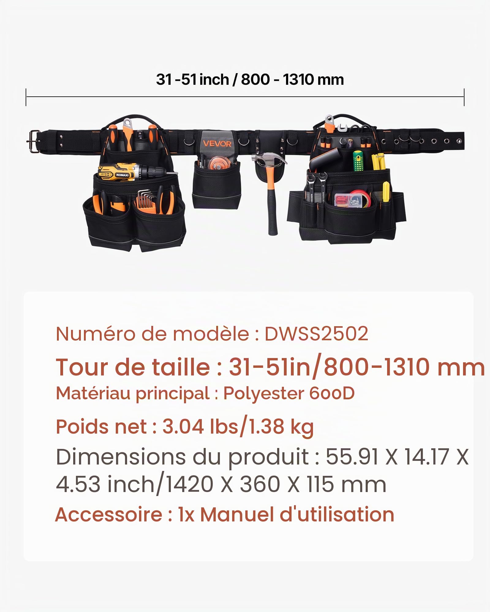 VEVOR Ceinture Porte Outil 18 Poches Ceinture à Outils Tour de Taille Ajustable 80-131 cm Sacoche Charpentier Amovible et Réglable Sac à Outils pour Électricien Construction Homme Chantier Bricolage