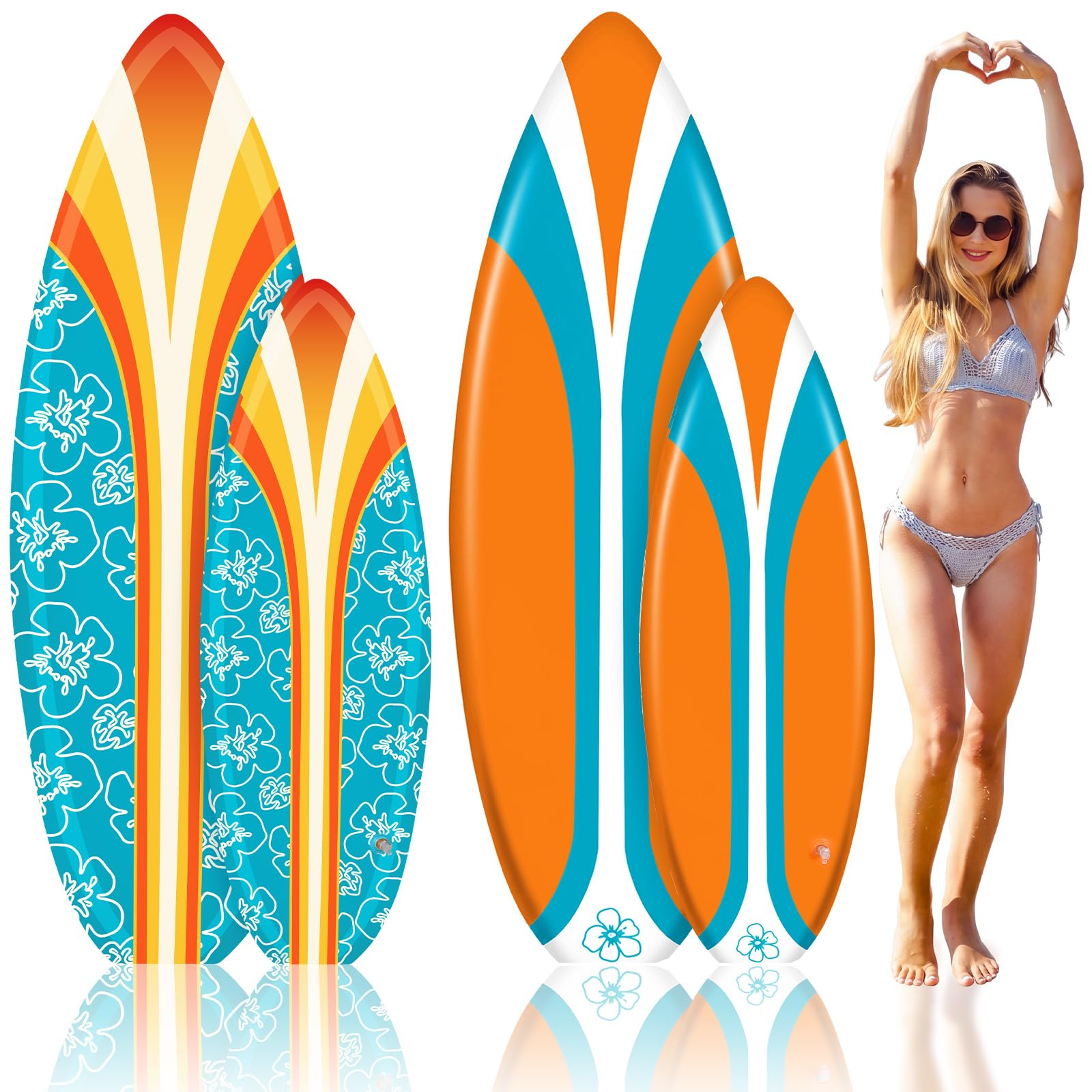 4 Pcs 59'' 36'' Inflatable Surfboard Pool Floats Hawaiian Luau Pool Decor 2 Size Summer Blow up Surf Board Wall Decor Inflatable Floats for Tropical Beach Party Outdoor