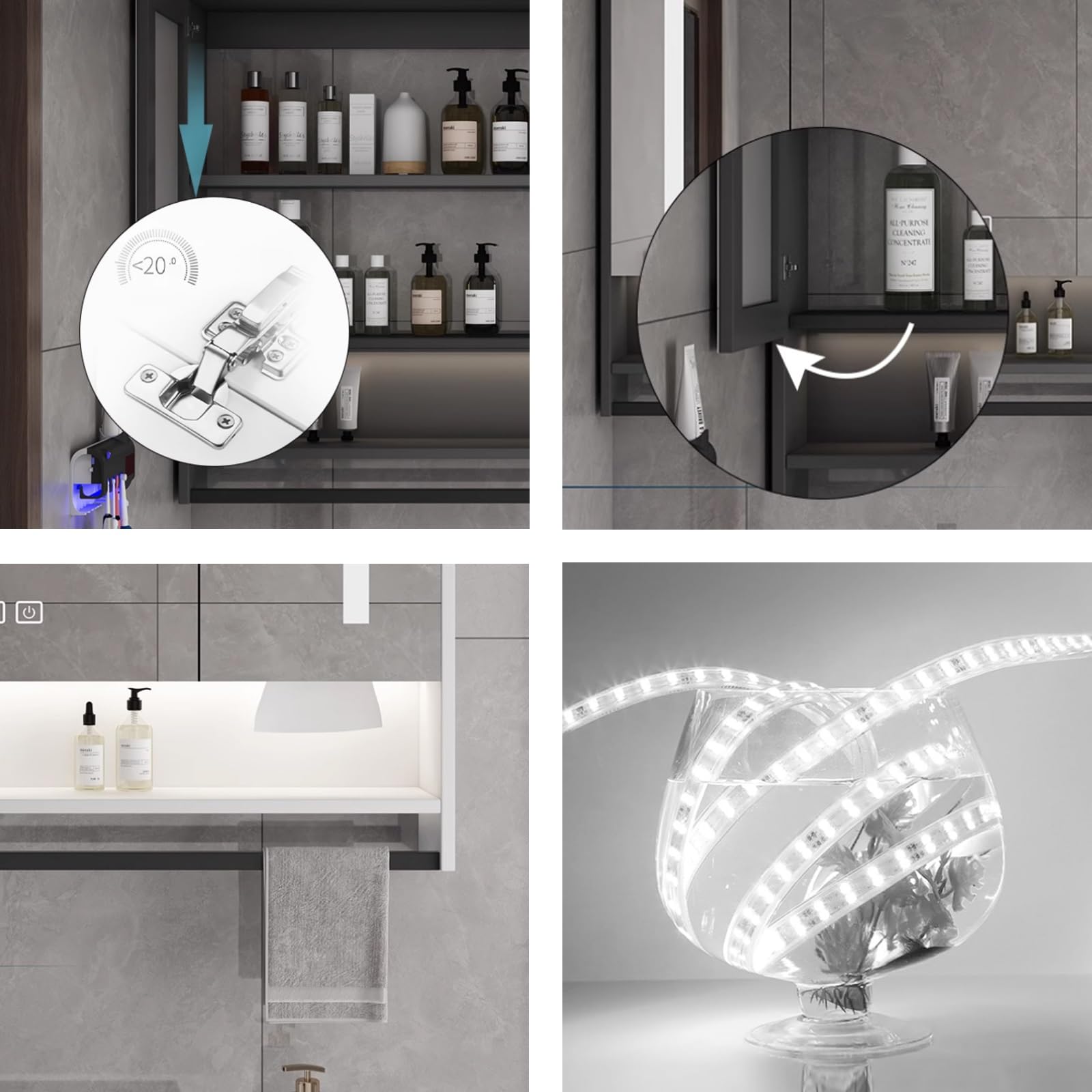 Armario baño pared De madera con espejo y luz,espejo baño con almacenaje y luz,armario espejo baño led Espejo Antivaho de Maquillaje Inteligente,Visualización de la hora,Agujero de papel,Barra de toal