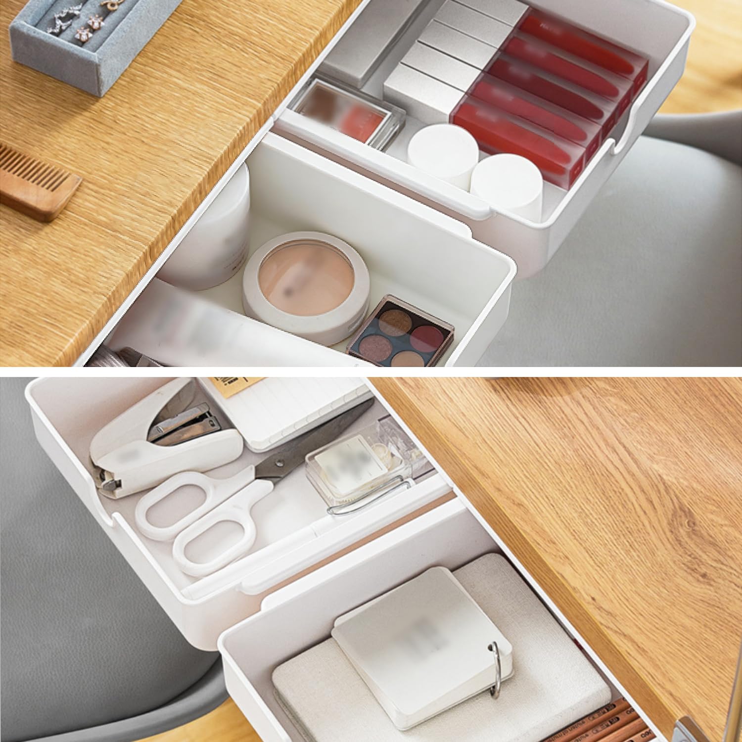FRETONBA Cassetto Sotto Scrivania, Cassetto Medio Autoadesivo, Cassetto Organizer Cassetti Nascosto Adesivo Da Scrivania per Casa e Ufficio, Bianco