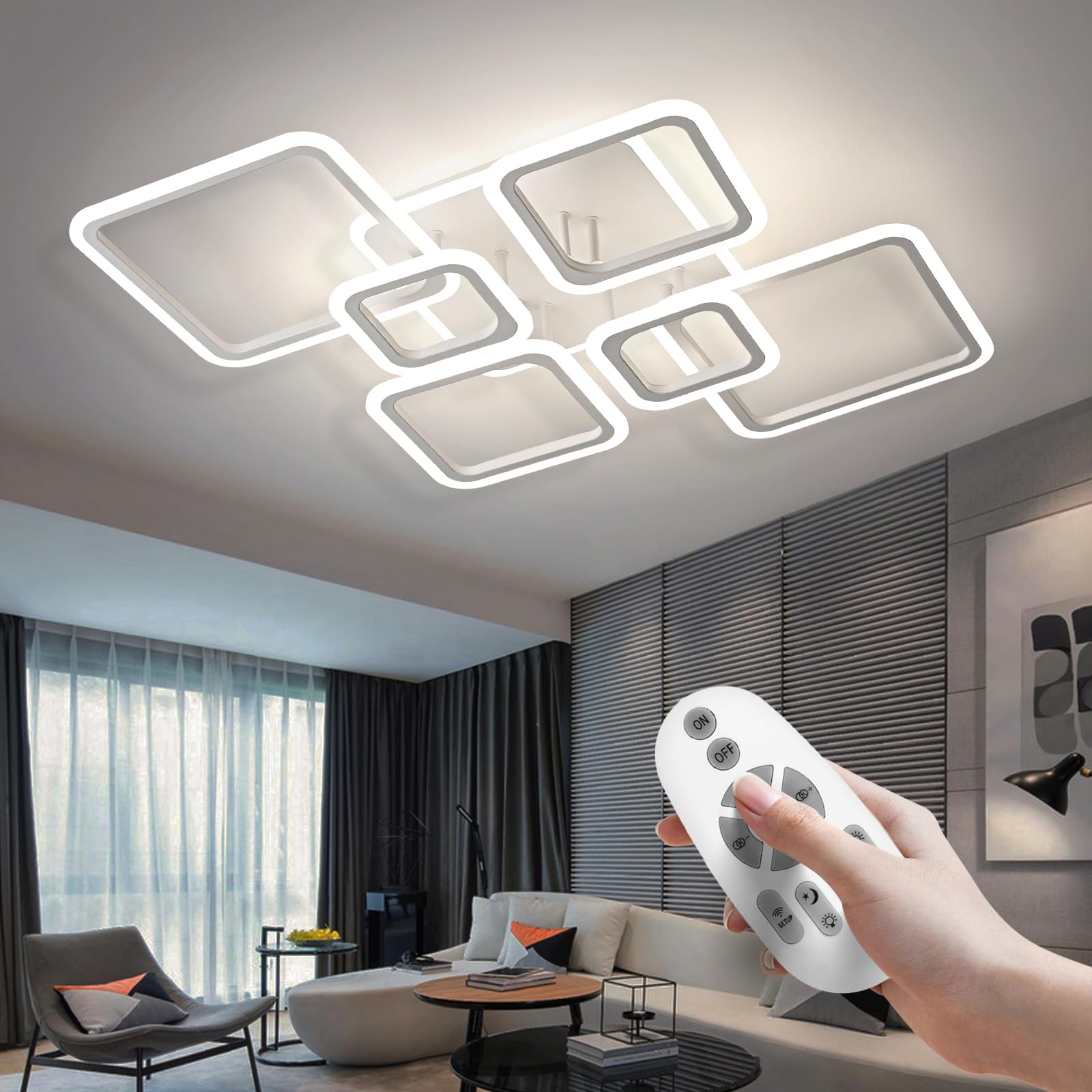 OKELI Plafoniera LED Soffitto, Dimmerabili, Lampada da Soffitto in Acrilico con 6+1 Anelli Quadrati, con Telecomando, Grande Lampada a Soffitto a Sospensione Bianca da 48W per Camera da Letto