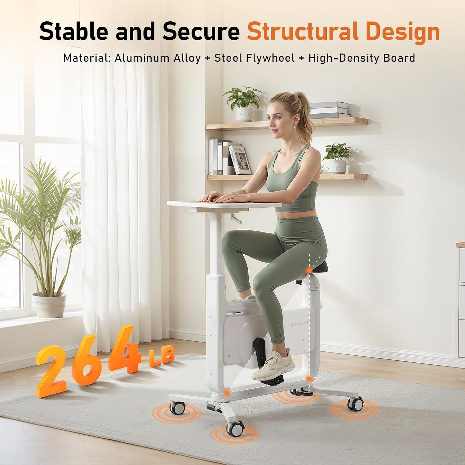 2-in-1 Exercise Bike with Desk for Height 4'7"-6'2", 264lbs Capacity&Mobile Storage Under Desk Bike, 30dB Stationary Bikes with Adjustable Height Desktop Seat for Leisure, Weight Loss, Rehabilitation