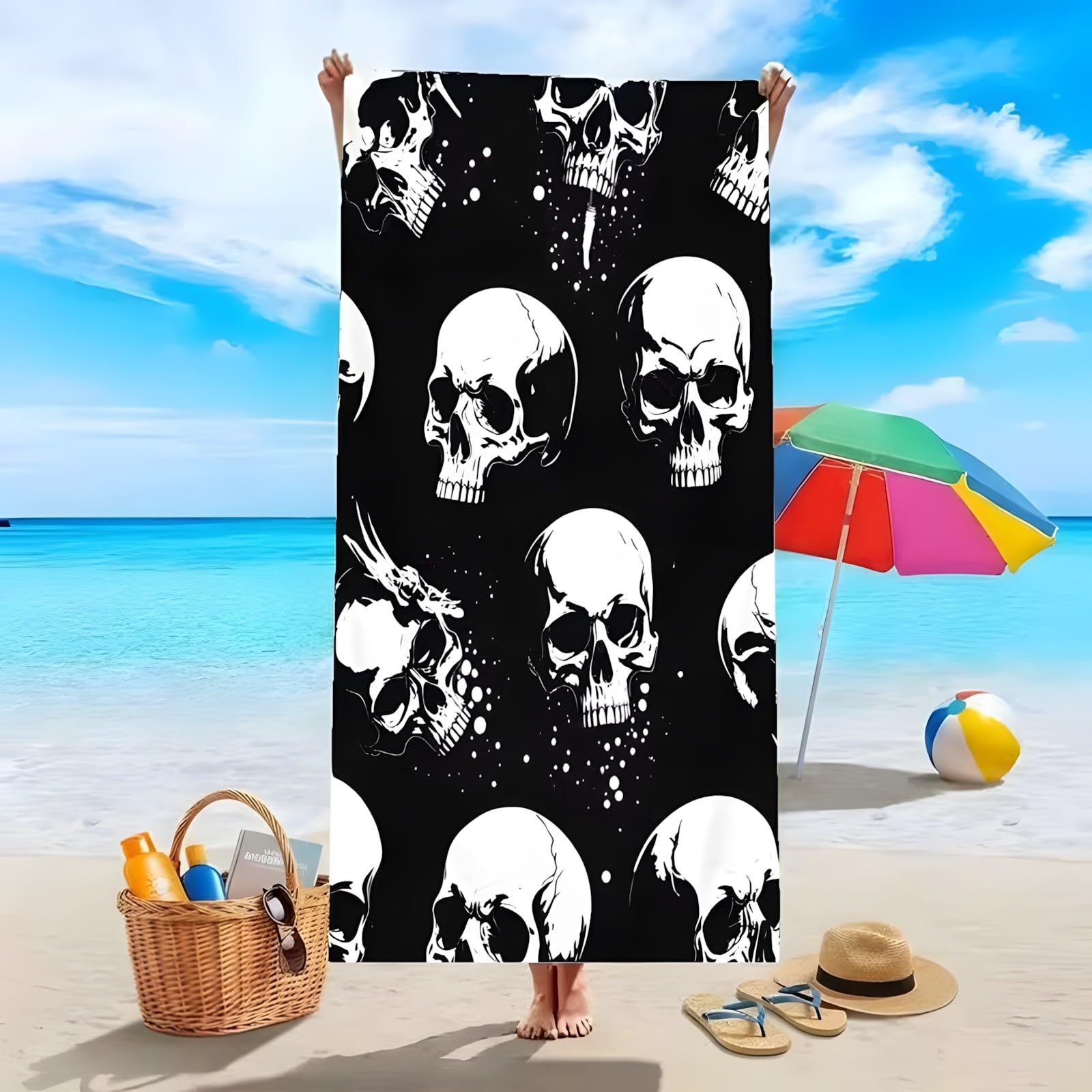 YZQGLHP Skulls Microfibre Beach Towel Gothic Beach Bath Towel Quick Drying, Lightweight, Sand-Free, Durable, for Pool, Gym, Camping, Travel Towel 80x180cm