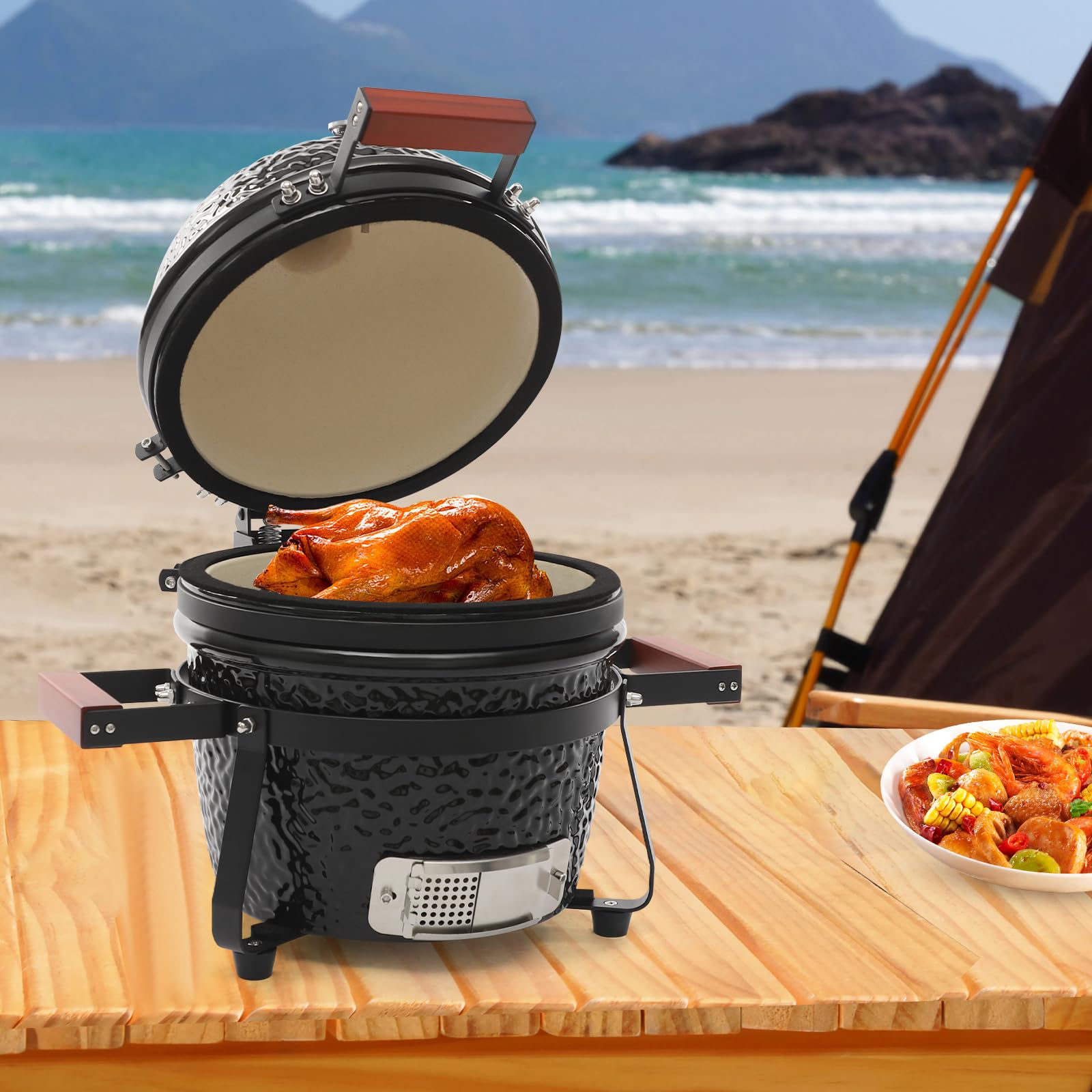 Barbecue a carbonella in ceramica da 13 pollici con termometro, Kamado Style Griller – Barbecue a carbonella in ceramica per affumicatura e barbecue, barbecue da esterno per terrazza, giardino