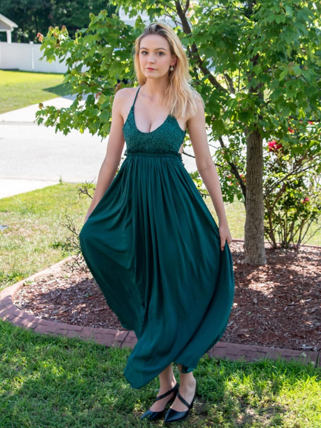 Ladmous Women's V Neck Floral Lace Wedding Dress Sleeveless Bridesmaid Evening Party Maxi Dress - Image 2