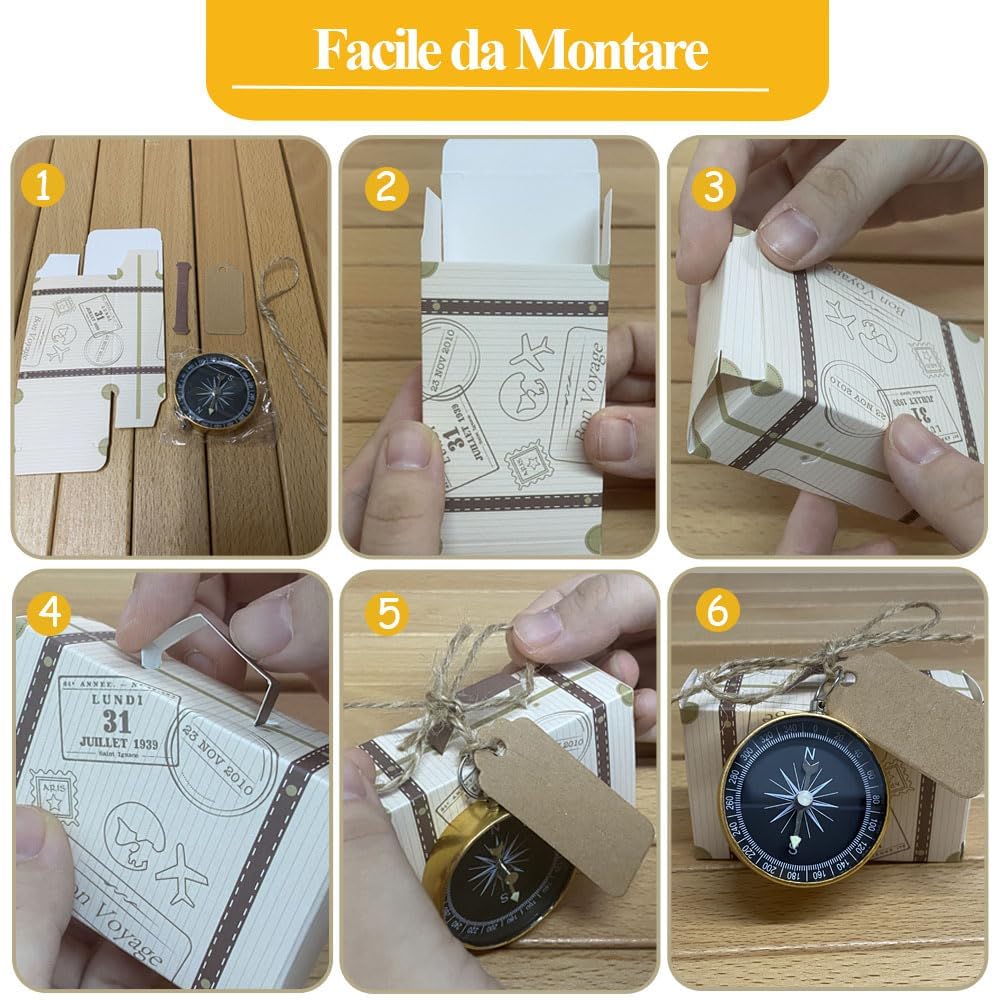 Naiocase Lot de 20 bonbonnières cadeau avec boussole et étiquettes Kraft, boîtes à dragées pour bonbonnières, baptême, homme, fille, mariage, anniversaire, remise de diplôme, fête - or